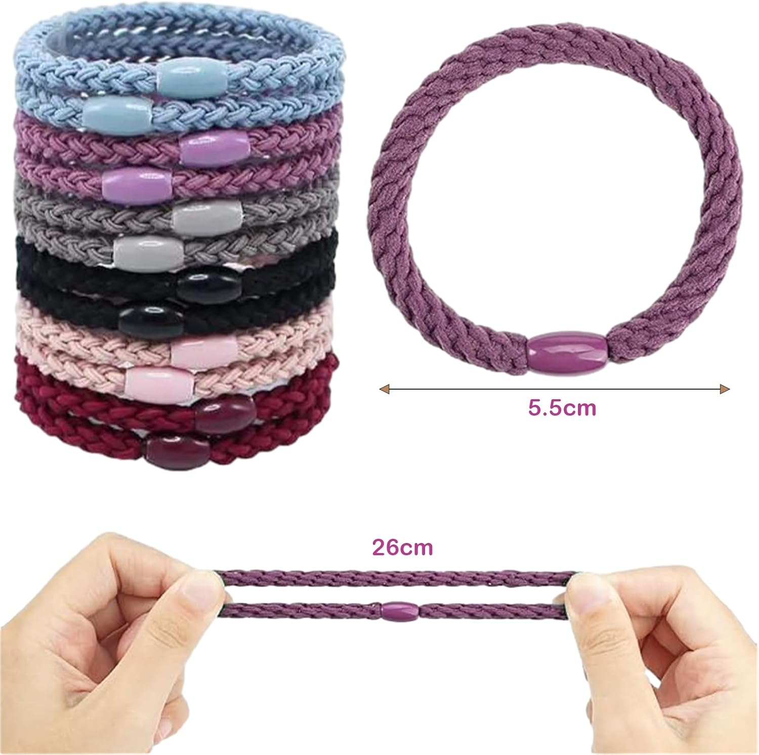 EUDUQ Pack of 24 Hair Bobbles for Girls, Multicoloured Braided Hair Scrunchies Women'S Set, Elasitc Hair Tie, Fashion Braid Elastics, Reusable Hair Bands for Thick and Curly Hair image number 4