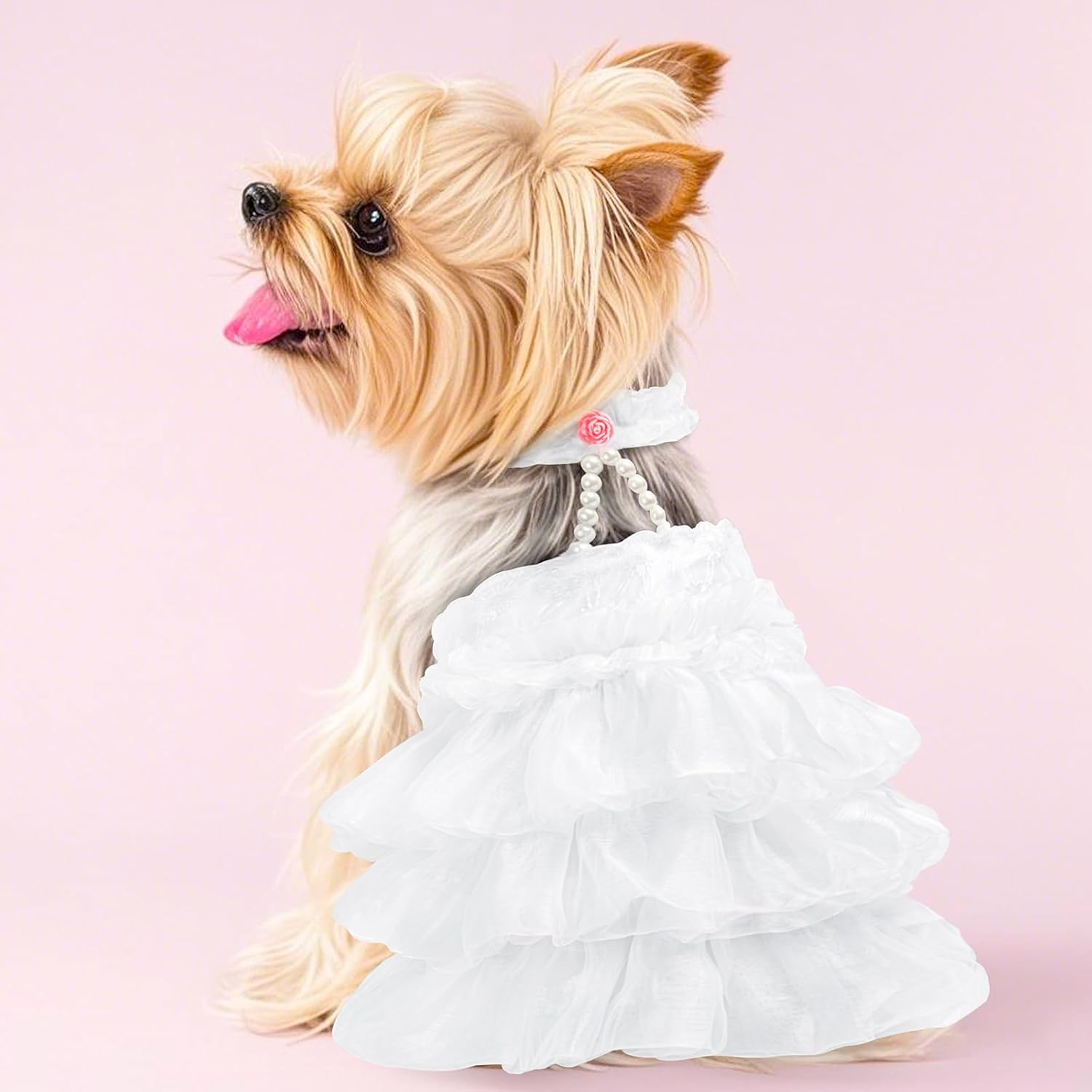 WORDERFUL Dog Wedding Dress Bride Outfit Pearl Necklace Rose Pet Princess Formal Apparel Puppy Cat (S) image number 6