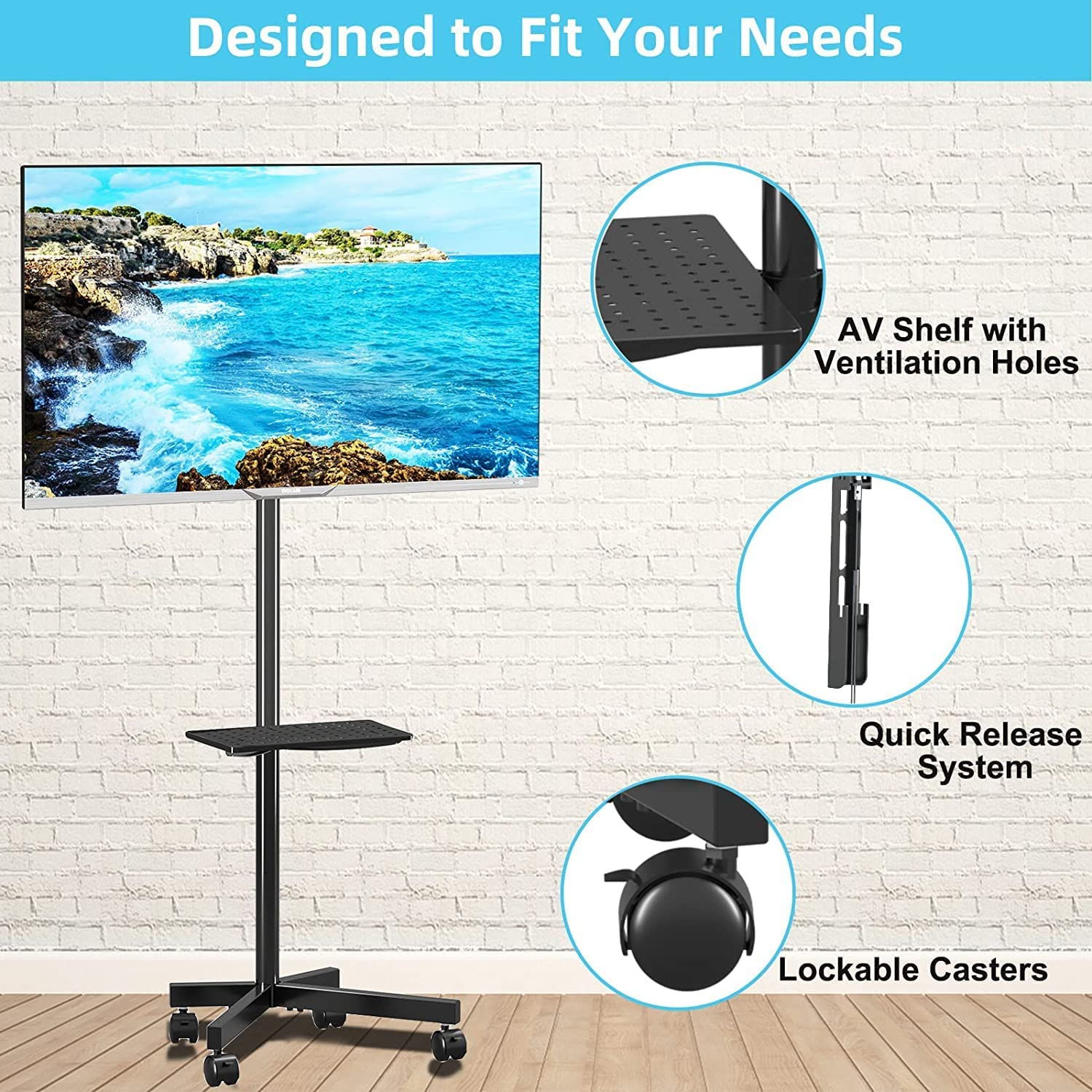 Mobile TV Carts on Wheels for 21-60 Inch Flat/Curved Panel Screens Tvs - Height Adjustable Floor Trolley Stand with Shelf Holds up to 77Lbs - Max VESA 400X400Mm (ML55A) - Ml55Aw image number 2
