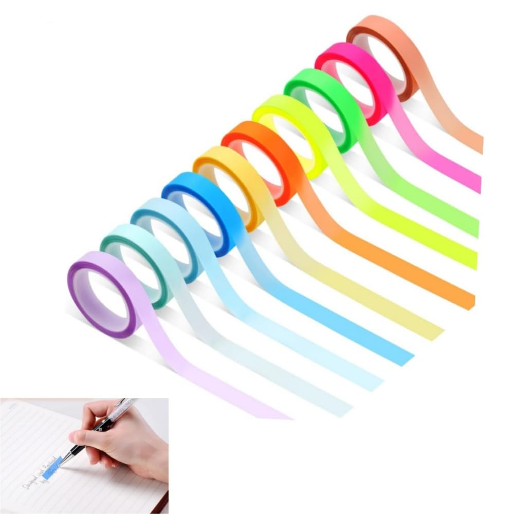 10 Rolls Highlighter Tapes,Transparent Marking Sticker Removable Fluorescent Colored Tags for Reading Class,Coloured Transparent Adhesive Tape for School Office Home(0.8Cm* 5M) image number 2