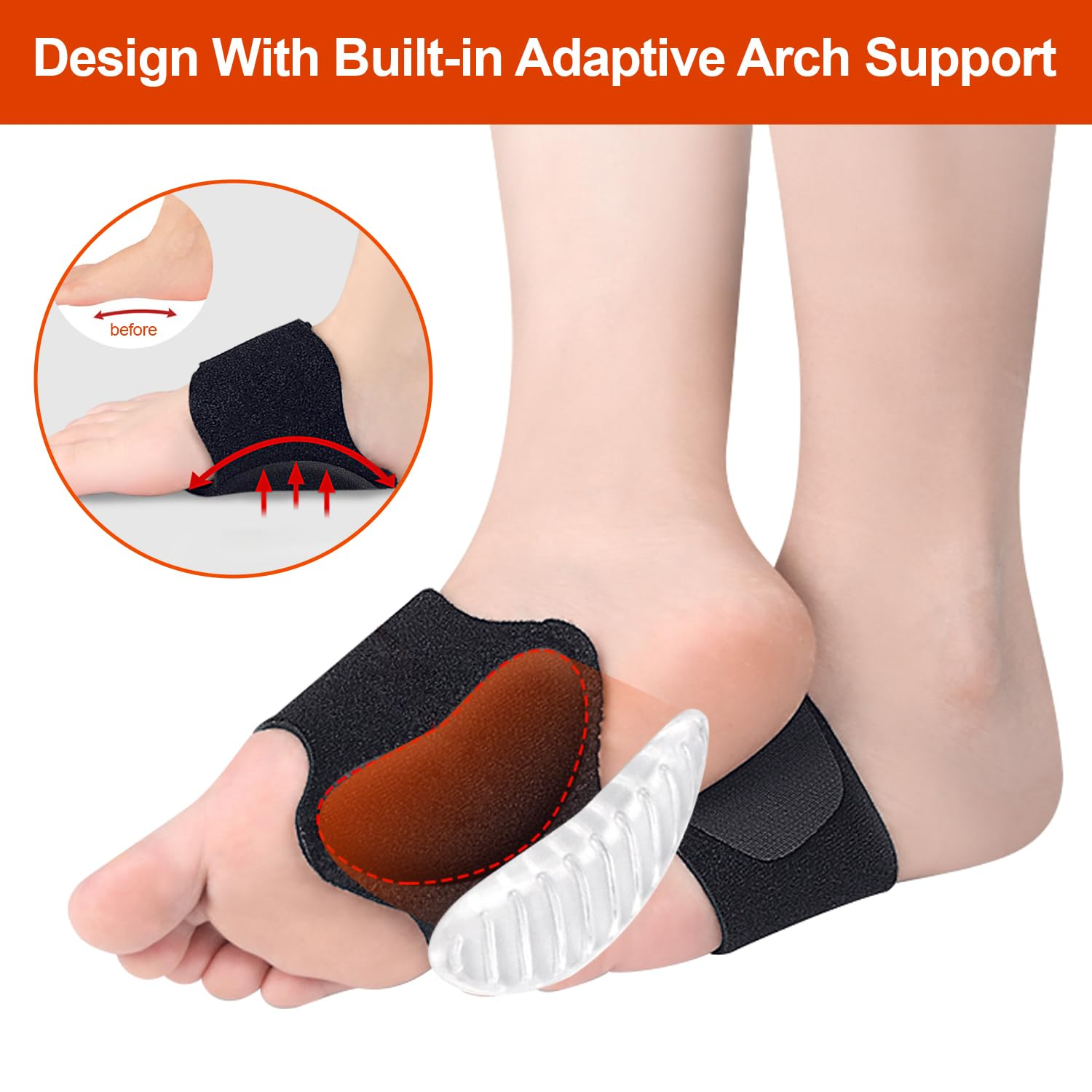 Foot Arch Supports Gel-Padded, H HOME-MART Adjustable Compression Sleeves for Plantar Fasciitis Relief, Heel Spurs, Fallen Arches, Flat Feet Enhanced Foot Care BK