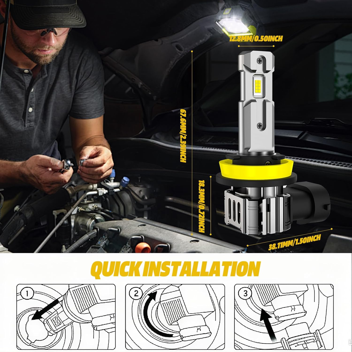 Pacify 2 Pack H11/H8/H9 LED Headlight Bulbs 40000LM, 700% Super Bright Light Bulbs 6500K Xenon White, Plug and Play Mini Size H11 H8 H9 LED Bulbs for Car Headlights (H11 H8 H9) image number 3