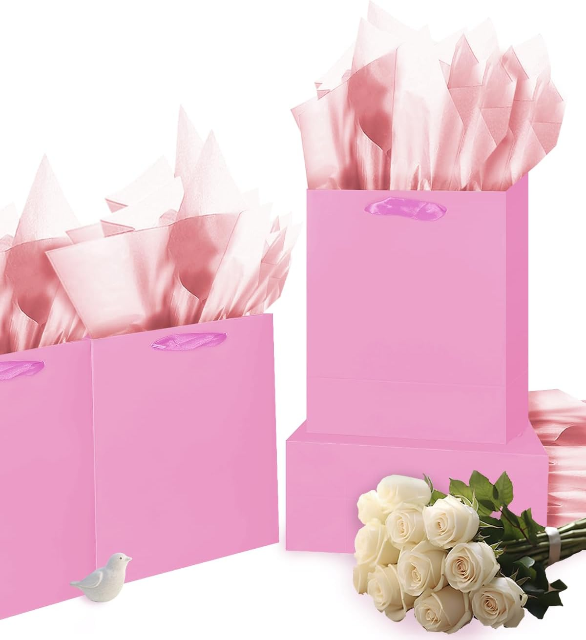 Qiqee Pink Gift Bags with Tissue Paper for Wedding, Birthday, Party Supplies-20X11X24Cm Medium Size Cardboard Gift Bags（8"X4.3"X10",5Pcs Bags +15Pcs Tissue Paper ） image number 2