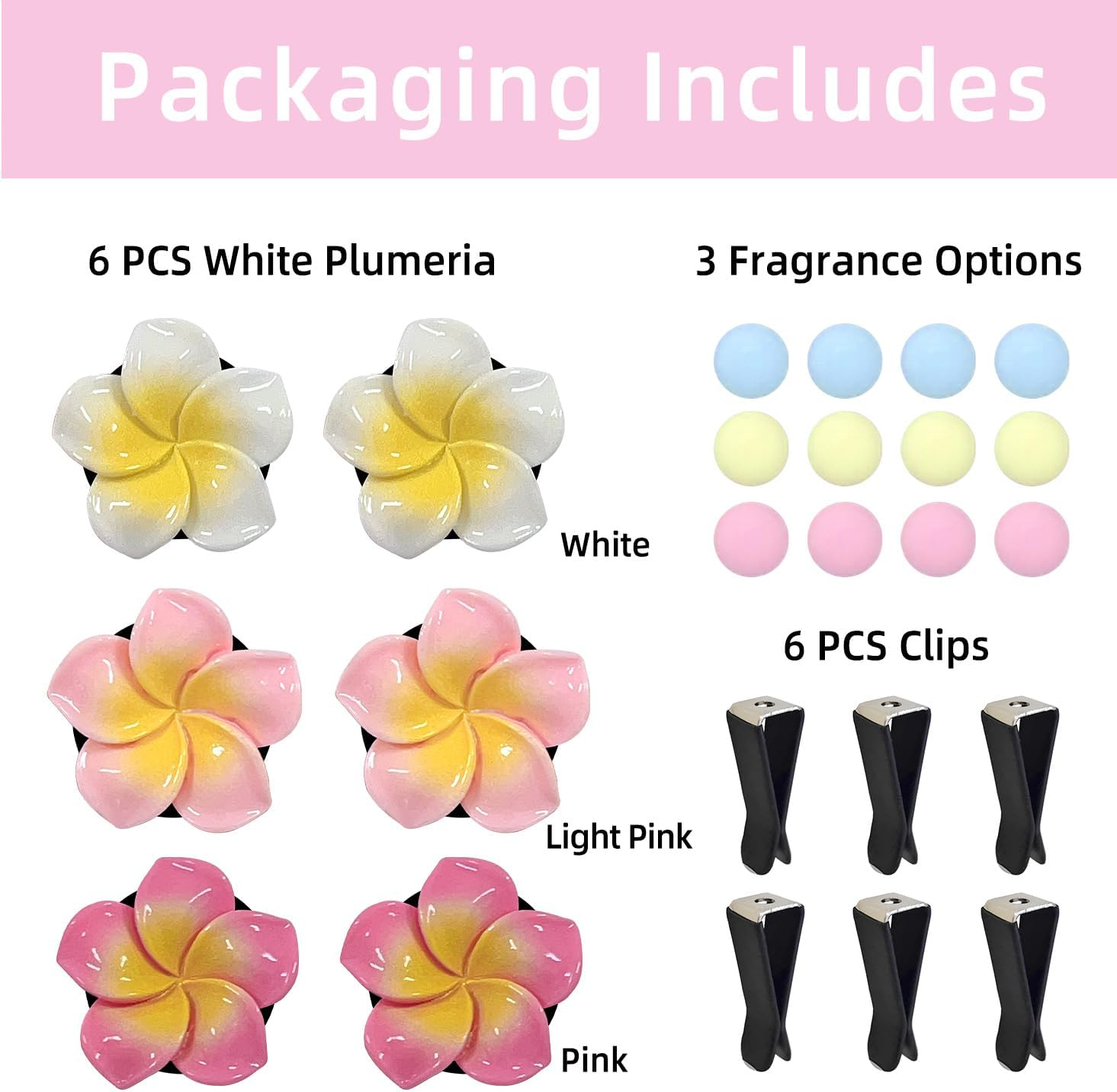 6Pcs Plumeria Flower Car Air Vent Clips, Tropical Flowers Car Air Freshener Accessories, Cute Car Decorations (White and Pink) image number 2
