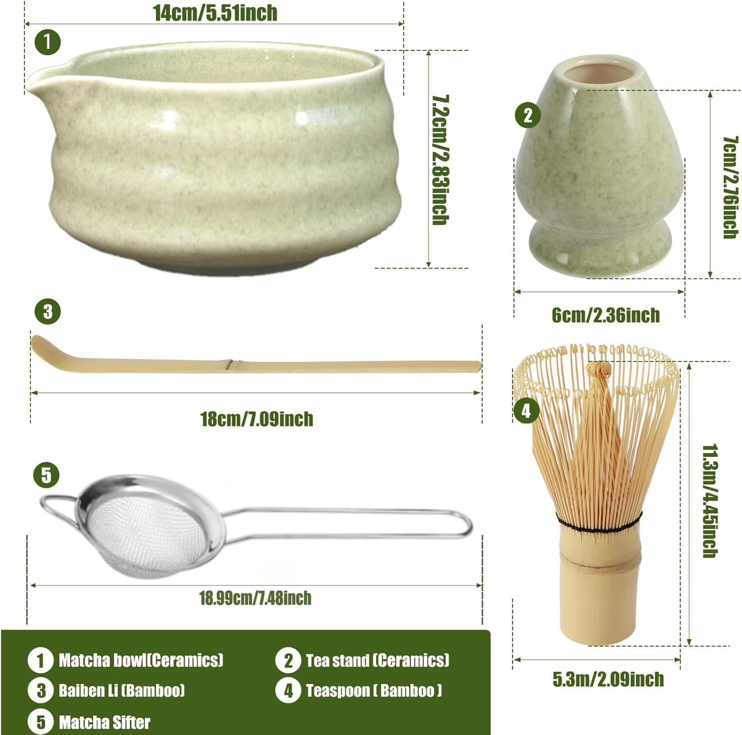 Matcha Set, Japanese Tea Set Includes Matcha Bowl with Spout, Matcha Whisk Holder, Bamboo Matcha Whisk and Sifter Scoop, 17 Oz Mottled Tea Green Glaze Ceramic Matcha Kit for Tea Lovers image number 3