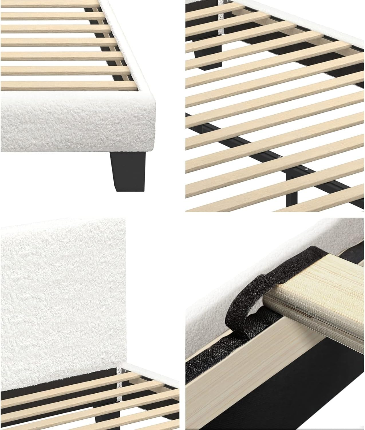 Oikiture Double Bed Frame with Plywood Slats and Boucle Fabric Bed Base Mattress Platfrom White