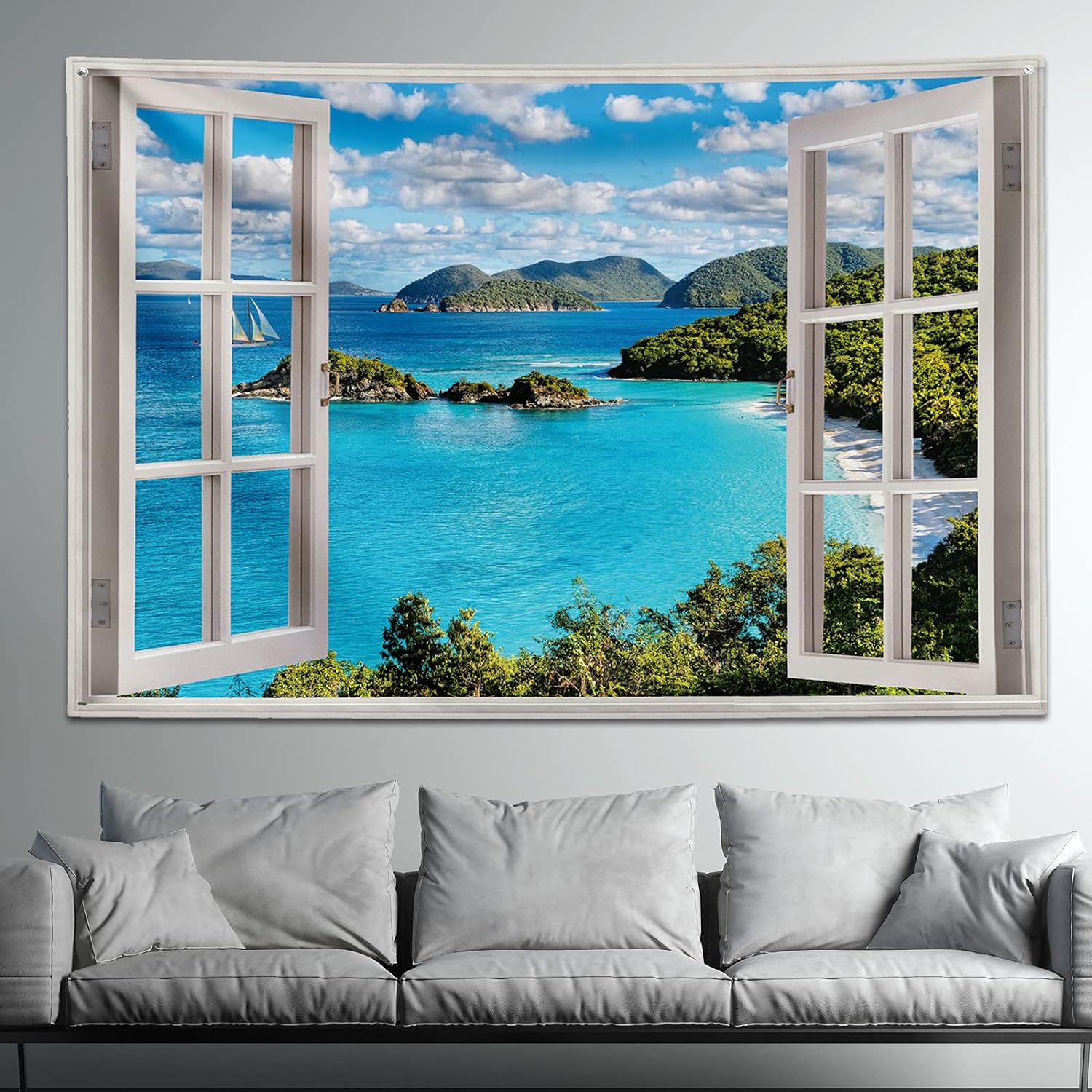 GOURIDA Nature Tapestry Blue Ocean Sea Beach Wall Hanging Tropical Island Palm Tree Seaside Window for Bedroom Aesthetic Living Room College Dorm Home Decor 61 X41 Inch Small&hellip; image number 4