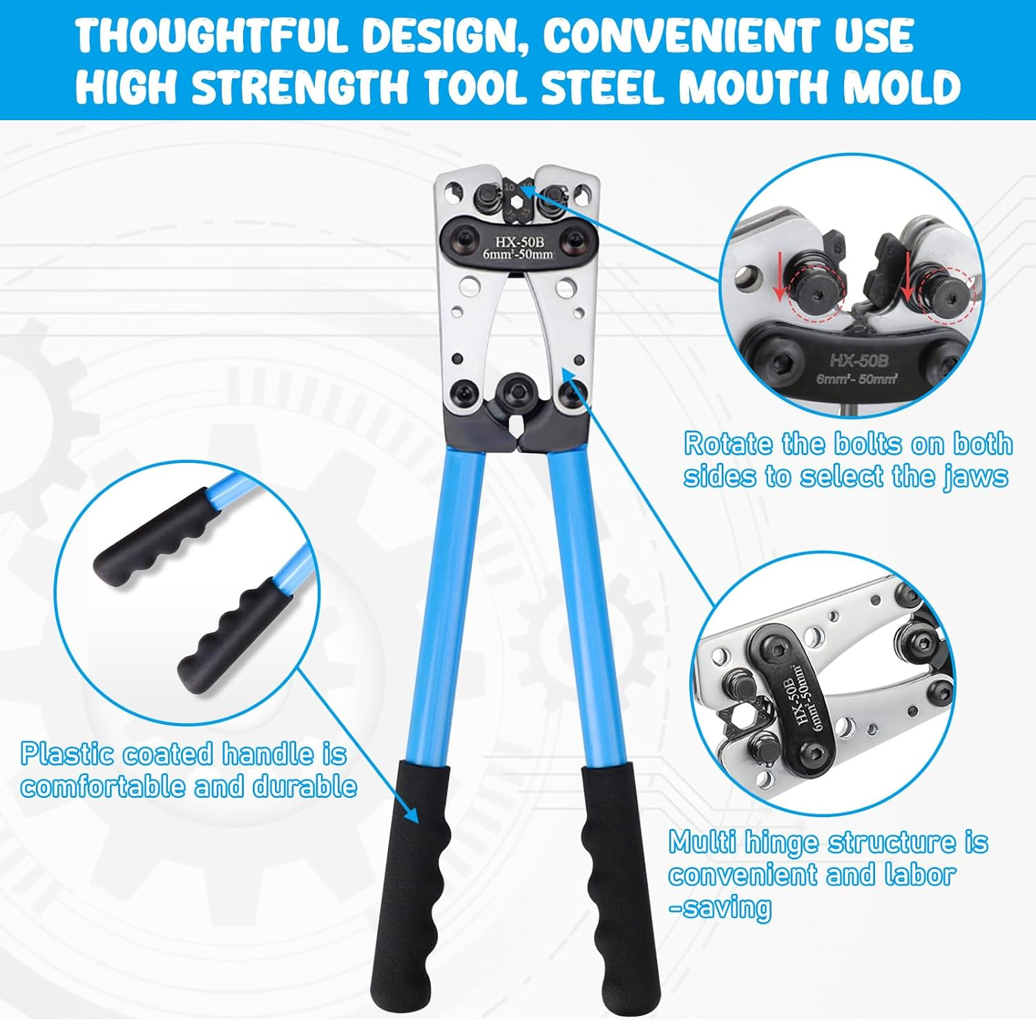Pearyaest Battery Cable Lug Crimping Tool,For Heavy Duty Wire Lugs,Crimping Pliers for Battery Terminal 6-50Mm&sup2;,Wire Crimper for AWG 10-1/0 Electrical Lug,Awg Wire Cable Cutting and Crimping image number 2