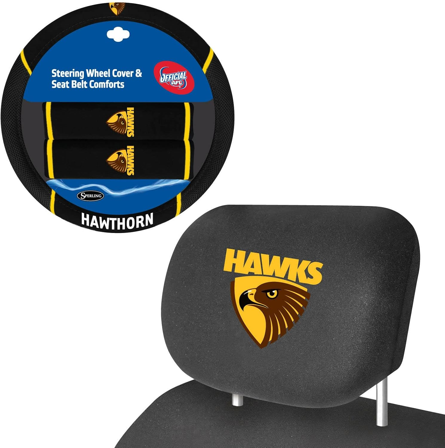 Sperling Hawthorn Hawks Official AFL Steering Wheel Cover and Headrest Covers Combo