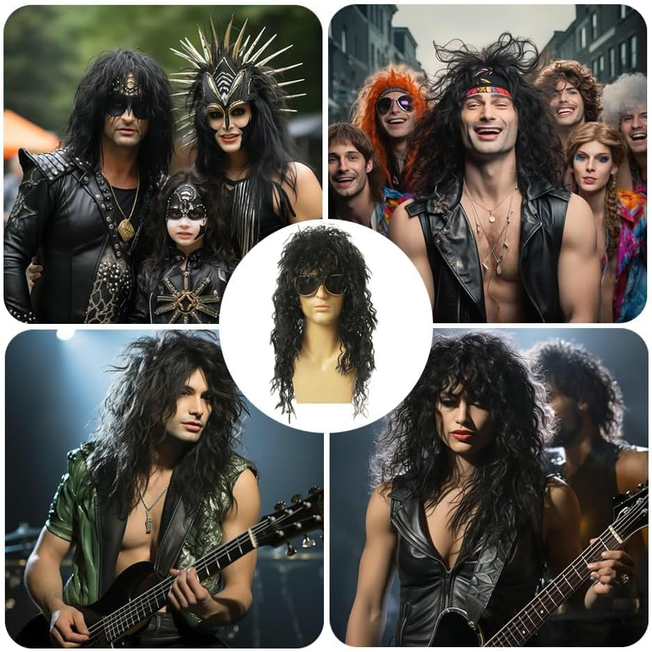 70S 80S Rocker Metal Mullet Wig, Mens Long Curly Black Wig with Glasses Funny Cosplay Mens Hair Wig Halloween Costumes for Party (Black) image number 5