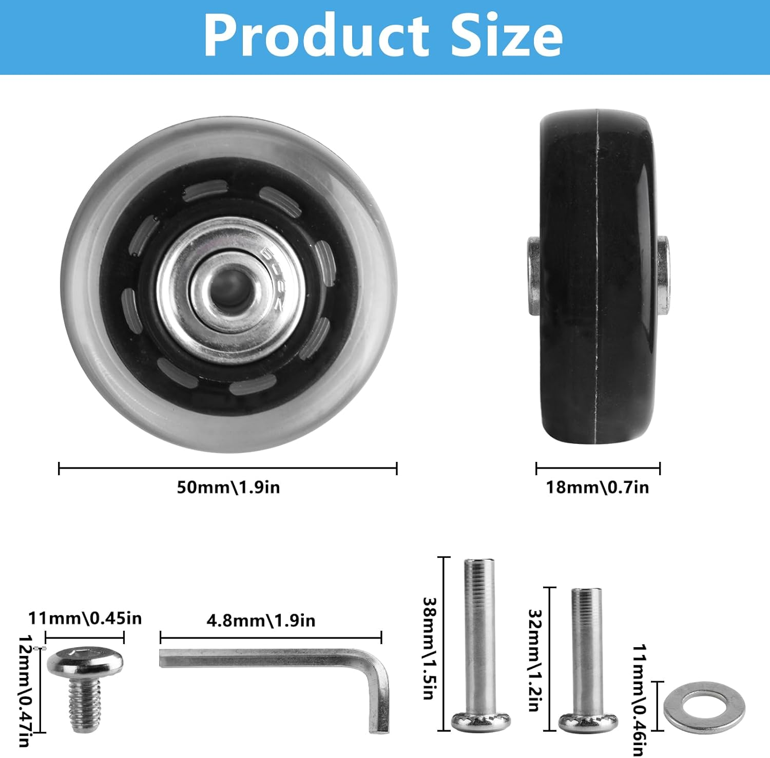 Pack of 4 Suitcase Castors Replacement Wheels, 50 X 18 Mm Luggage Suitcase Replacement Wheels, Suitcase Wheels Replacement Wheels 50 Mm, Replacement Wheels for Suitcase, Rubber Replacement Wheels For image number 2