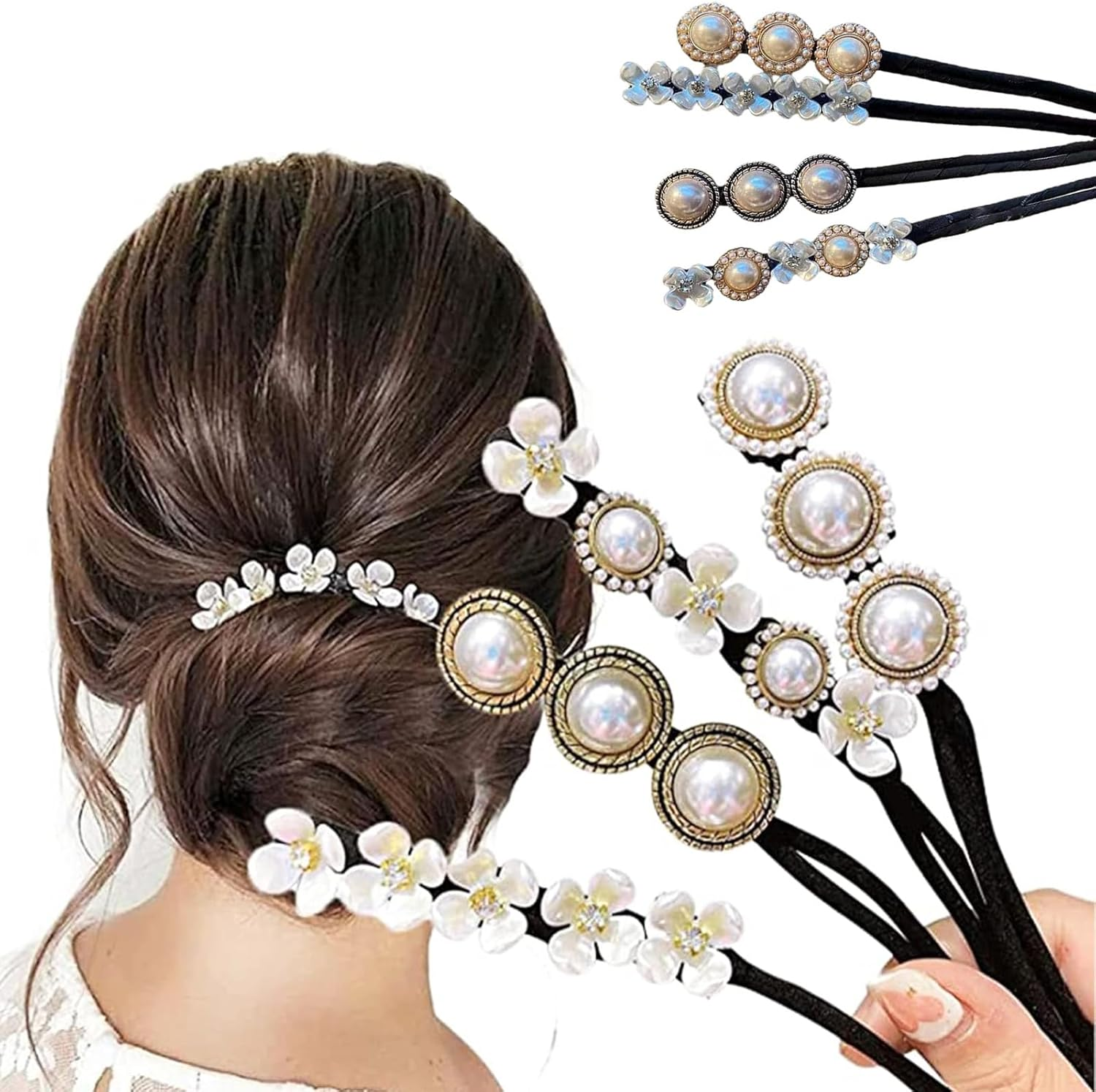 Hair Bun Maker with Pearl Flower Decor, 4Pcs Lazy Hair Curler French Twist Hairstyle Bun Former Maker Vintage Hair Styling Accessories,Reusable DIY Quick Bun Maker for Thin Hair image number 3