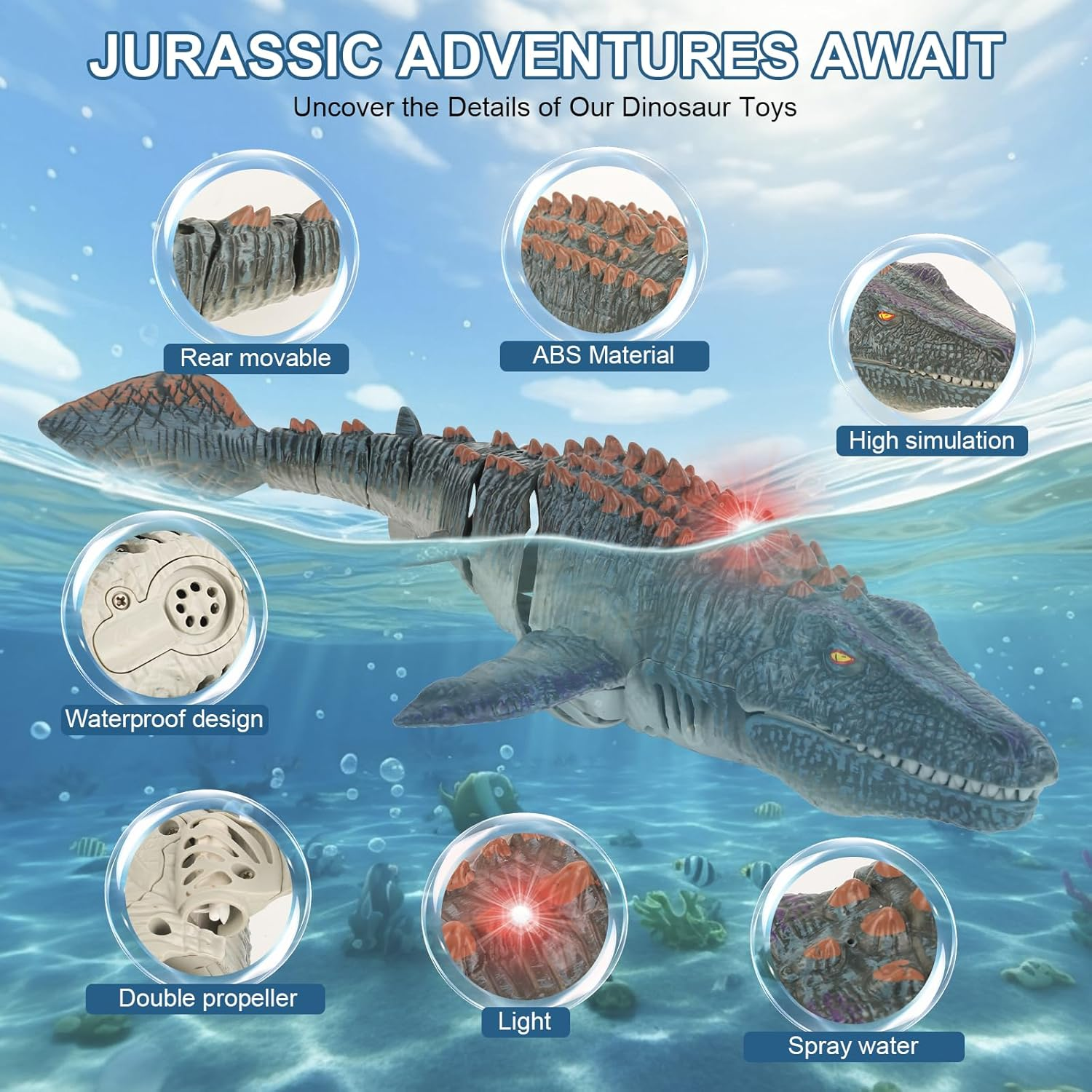 Remote Control Dinosaur Toys, High Simulation Dinosaur Toy with LED Lights for Swimming Bath Lake Ocean RC Boat Toys, 2.4Ghz Aquatic Remote Control Dinosaur Toys for Kids image number 5