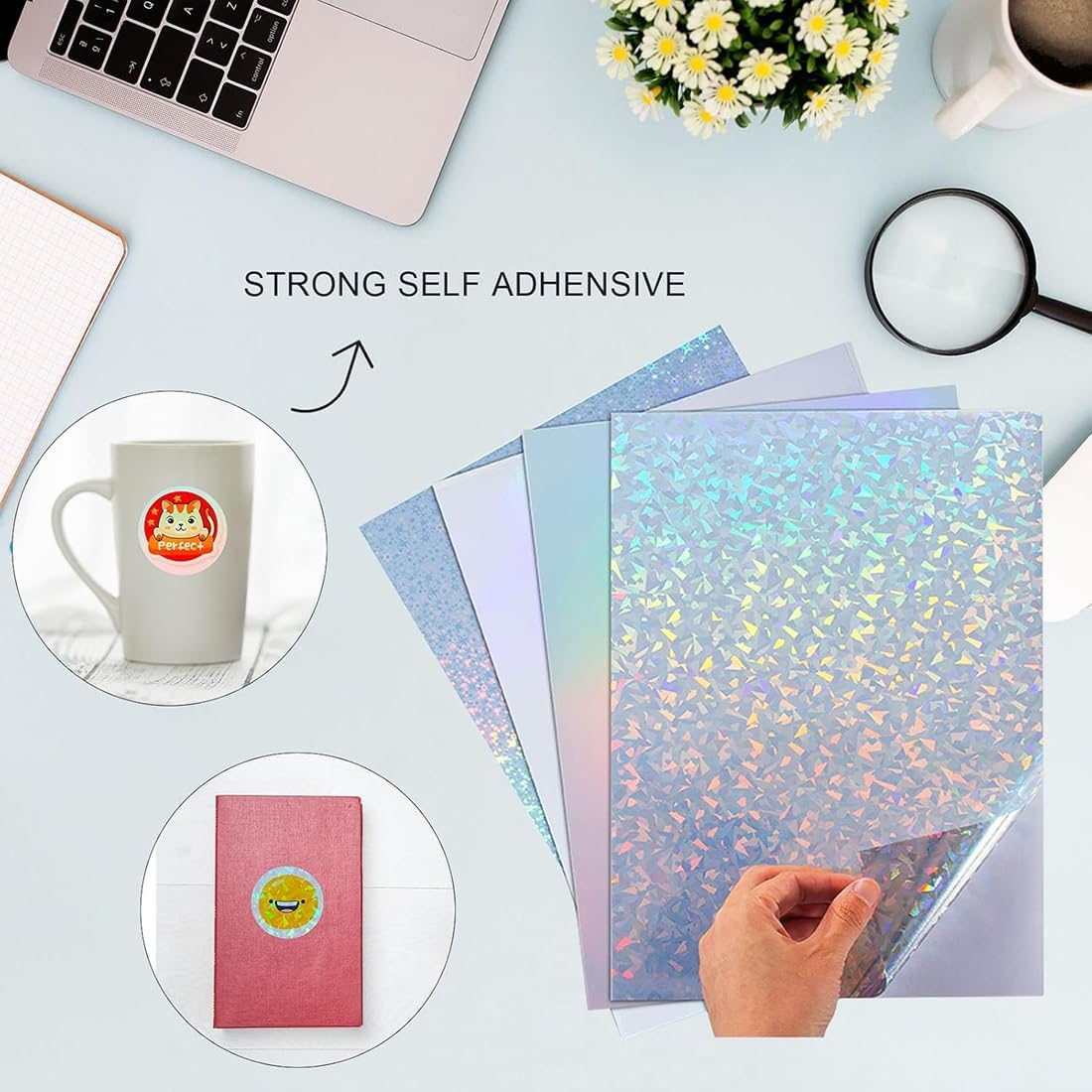 24 Sheets Vinyl Printable Sticker Paper, A4 Size Holographic Glossy Self Adhesive Sticker Paper, Waterproof Quick Dry Sticker Paper for Ink Jet Laser Printer, 8.25 X 11.7 Inch image number 2