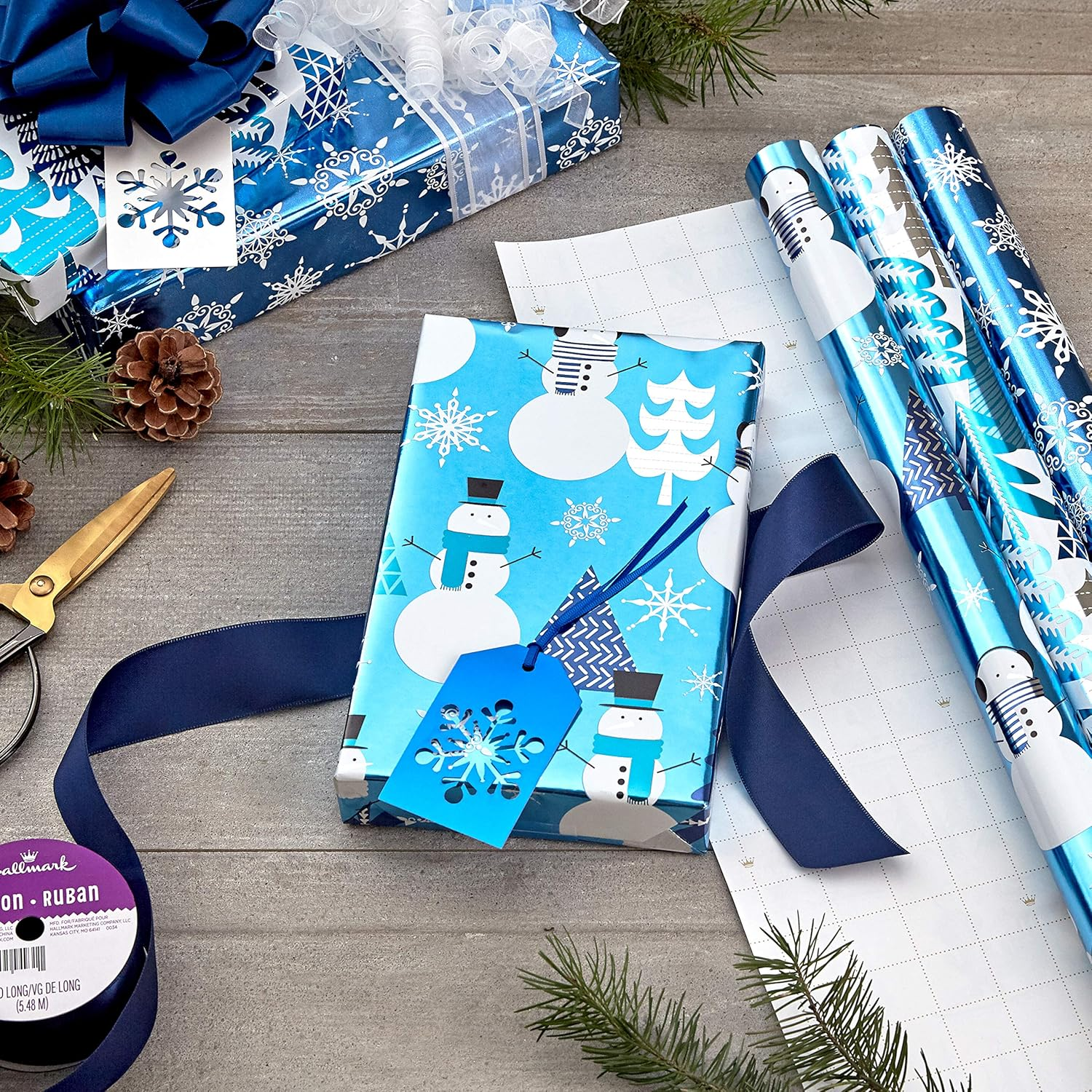 Hallmark Blue Foil Christmas Wrapping Paper with Cut Lines on Reverse (3 Rolls: 60 Sq. Ft. TTL) Snowmen, Snowflakes, Christmas Trees image number 3