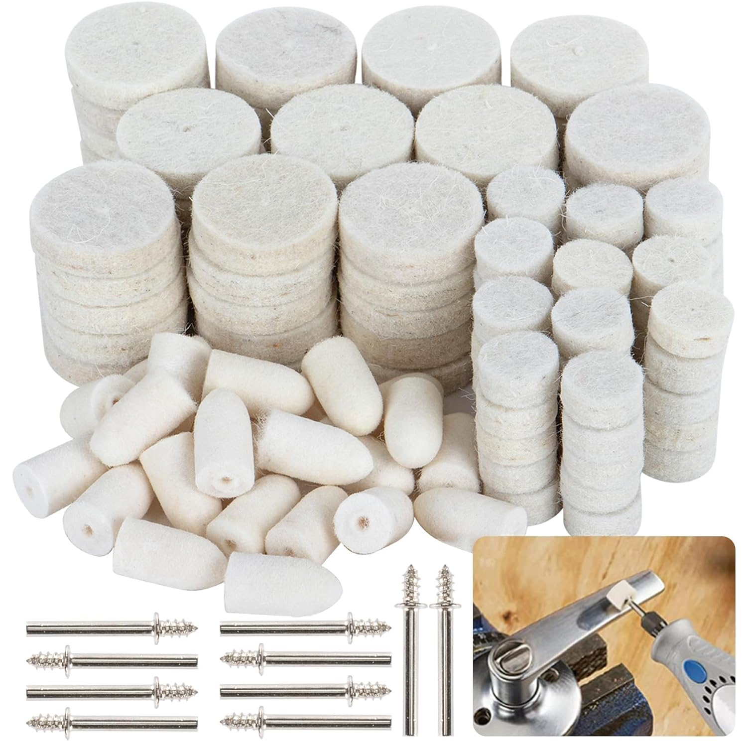 145PCS Wool Felt Polishing Pad - Felt Buffing Pad Wool Polishing Bits Buffing Wheel Professional Accessories with Point Mandrel1/8 Inch Shank for Wheels Kit Rotary Tools image number 3