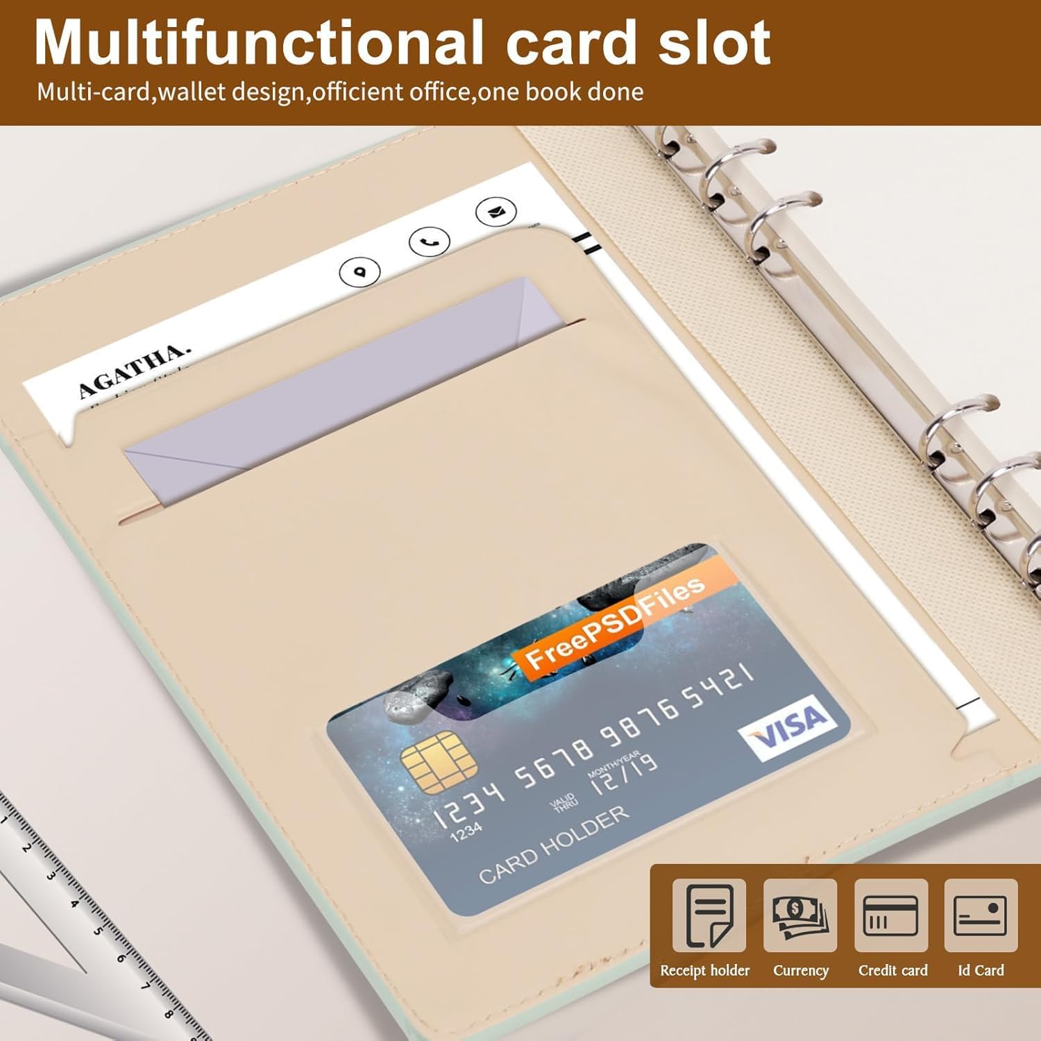 FYY PU Leather A5 Binder Notebook - Refillable 6 Ring Planner with 100 Sheets/200 Pages Refillable Lined Paper for School Office Travel - Sage Green image number 3