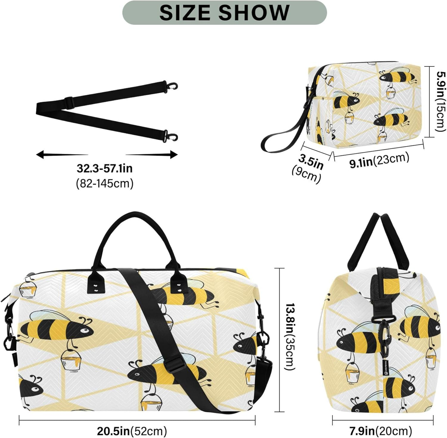 Travel Hand Bag Gym Sports Duffel Bags Travel Weekender Gear Bag with Toiletry Bag for Trip Multifunctional Funny Bees Curved Honey, Multi, 1 Size, Modern/Fitted, Multi, 1 Size, Modern/Fitted image number 4
