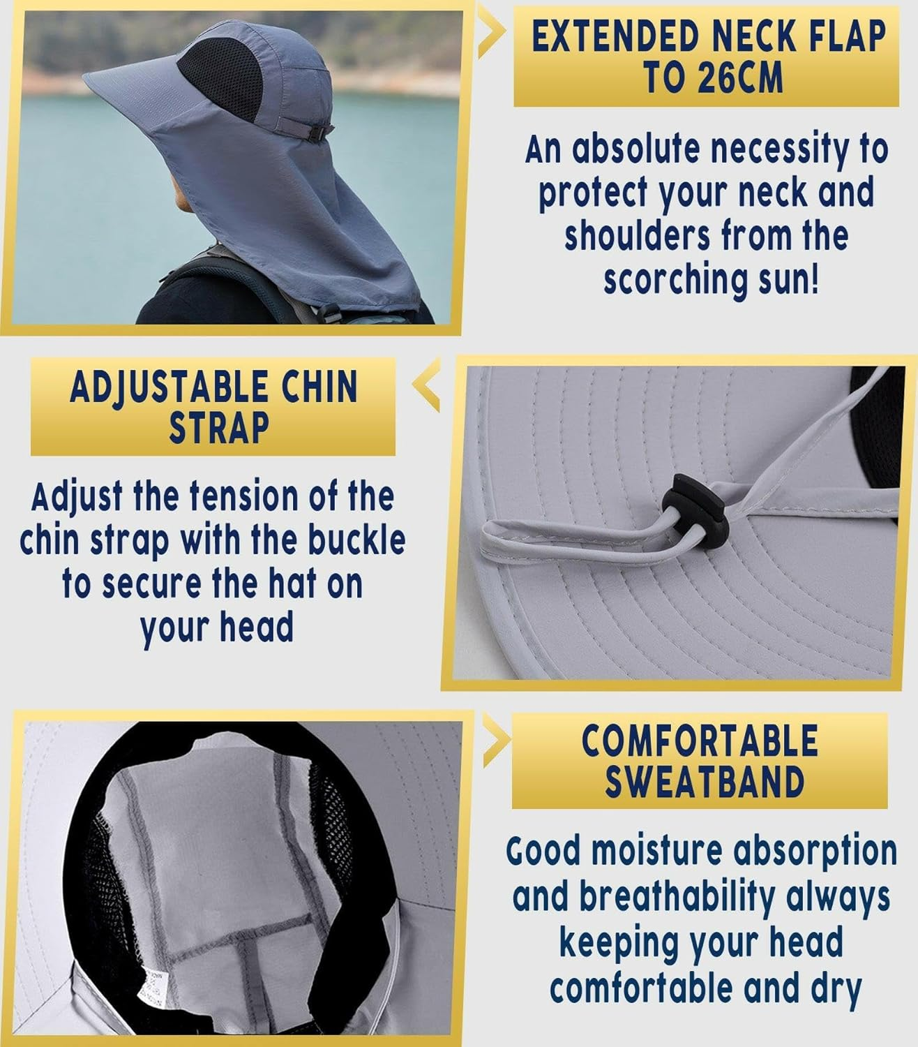 Legionnaire Sun Hat with Neck Flap for Men & Women - Wide Brim Bucket Hat, UPF 50 UV Protection, Boonie Beach Hat with Chin Strap, Ponytail Hole, Perfect for Fishing, Hiking, Camping, Gardening - Darkgrey image number 4