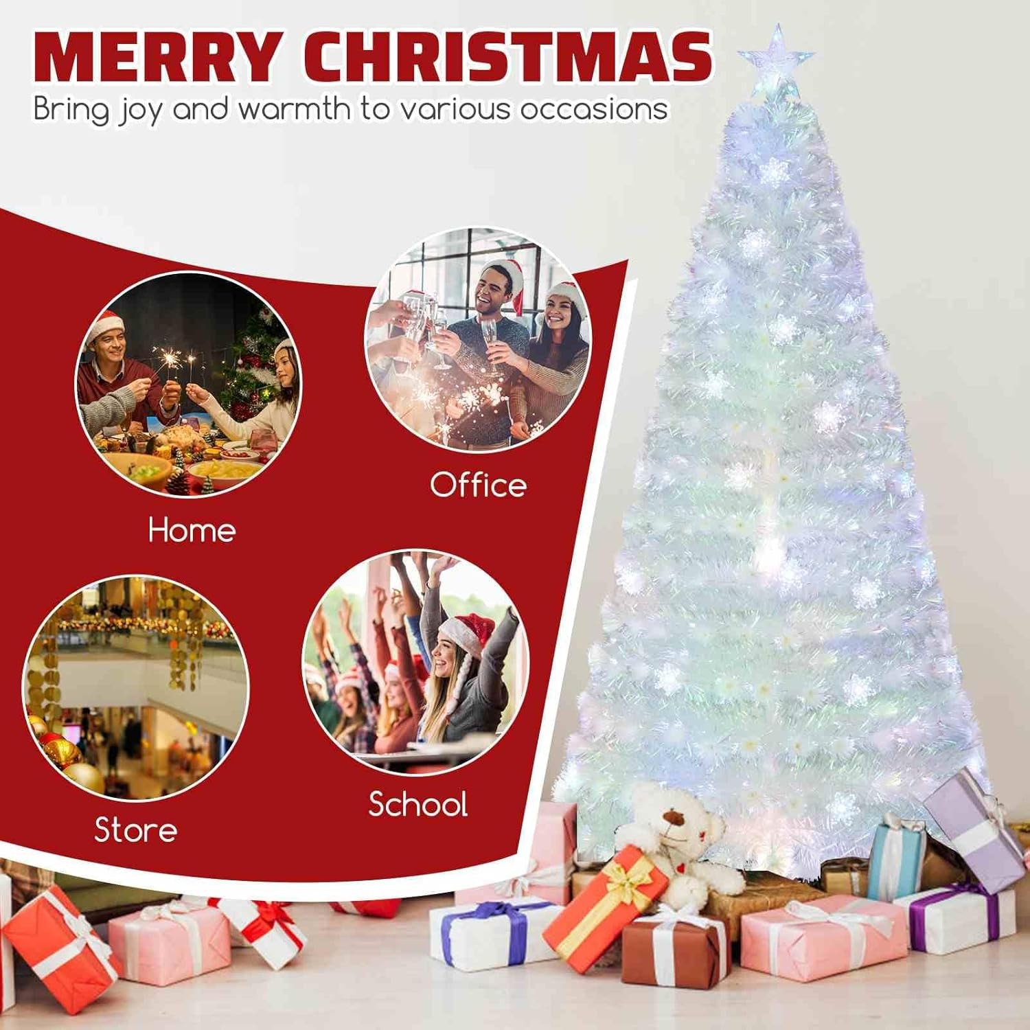 Costway 2.1M Artificial Fiber Optic Christmas Tree, White Pre-Lit Xmas Tree with 270 Branch Tips, Iridescent Leaves, Top Star Light, 48 Multi-Color Snowflake Lights for Party Home image number 6
