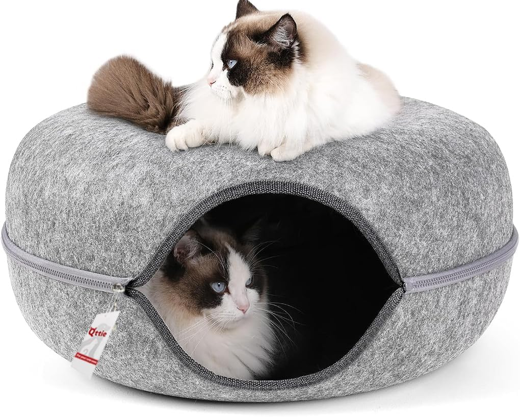 Cat Tunnel Bed for Indoor Cats - House Donut for Pet Cave, Detachable round Felt & Washable Interior Play Tunnel (60X60X27Cm, Light Grey)