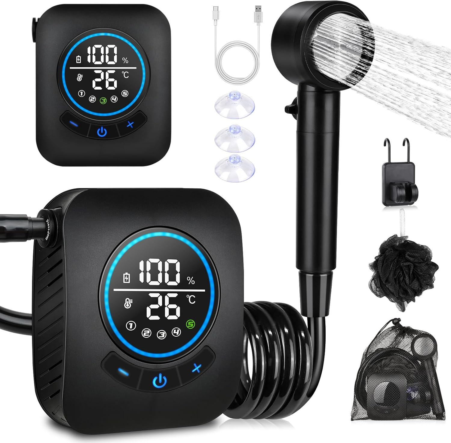 Portable Shower for Camping, [8000Mah Long-Lasting] Spopal Rechargeable Camping Shower, Intelligent LED Display, 5 Speed Mode, Electric Shower Pump for Camping, Hiking, Travel, Car & Pet Clean