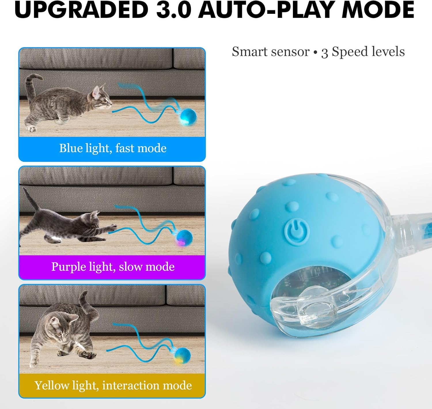 Interactive Cat Toy Ball for Indoor Cats, Upgraded 3.0 Automatically Moving Cat Toy Ball with Bird Sound, USB-C Rechargeable (Blue) - Blue image number 4