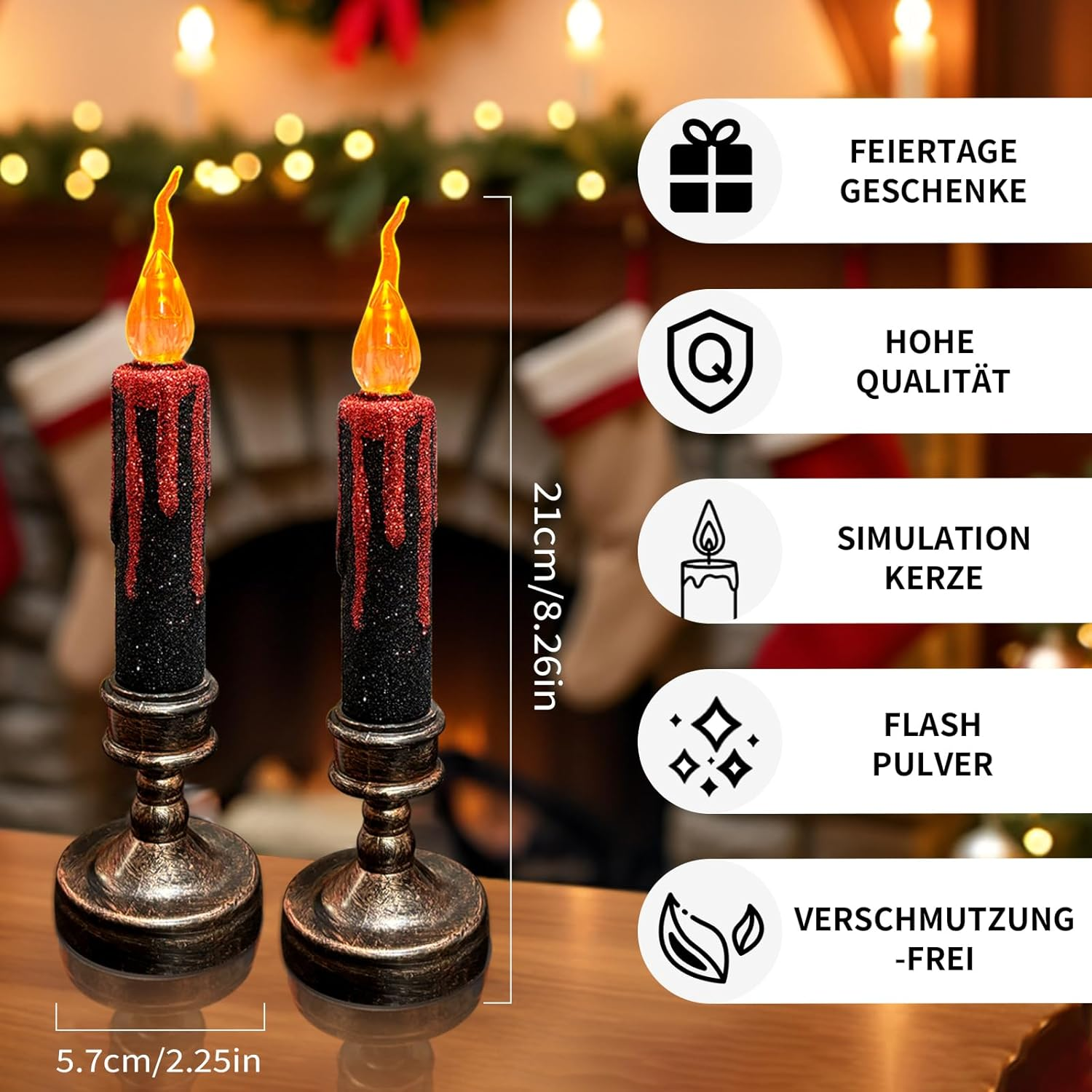 TINYOUTH 2 X 21 Cm Large LED Candles for Halloween, Christmas, Black Glitter Table Candles, Light Batteries Included for Wedding Party, Anniversary, Engagement Decoration image number 6