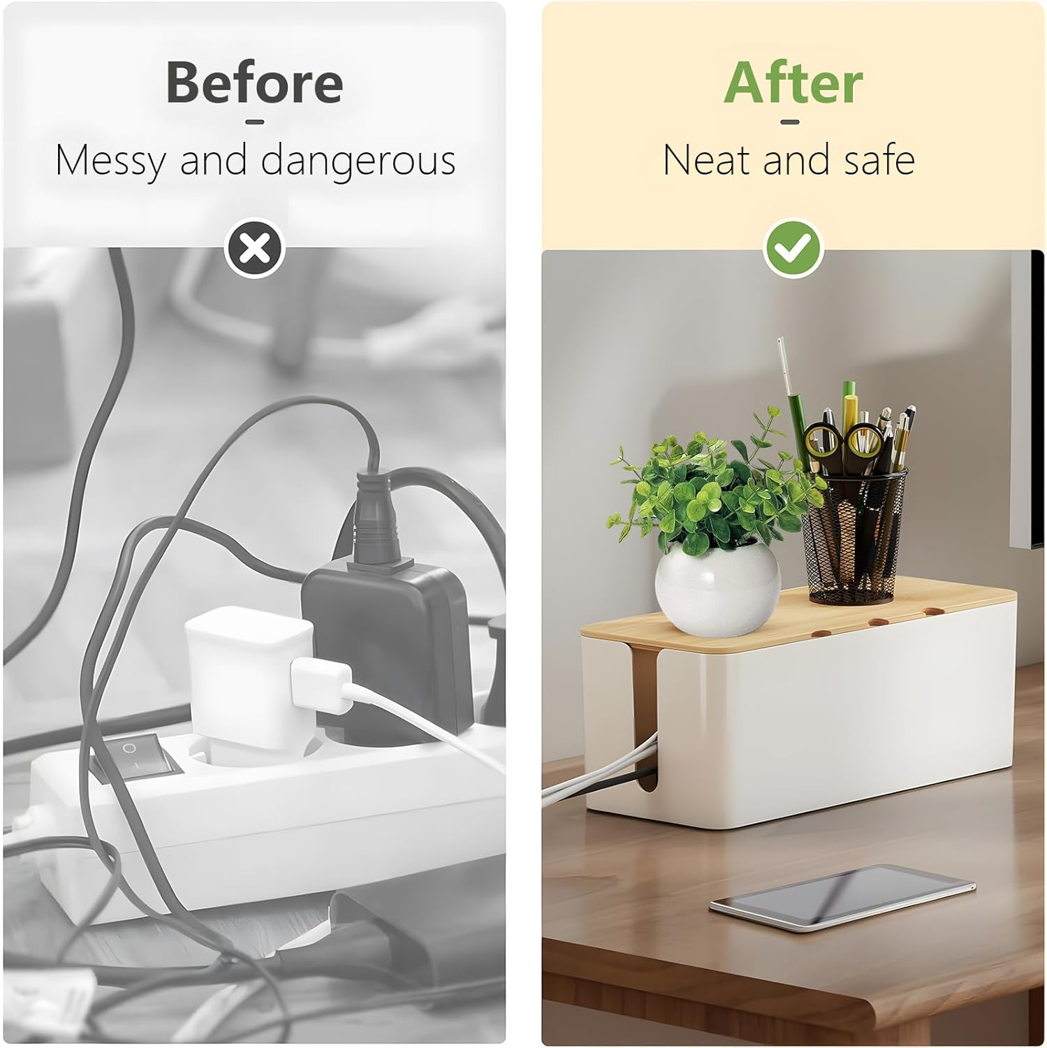 3 Pcs Cable Management Box, Cord Organizer Box with Bamboo Lid & 20 Cable Ties, Safe ABS Material, Wire Organizer for TV, Computer, Router, USB Hub and under Desk Power Strip image number 1