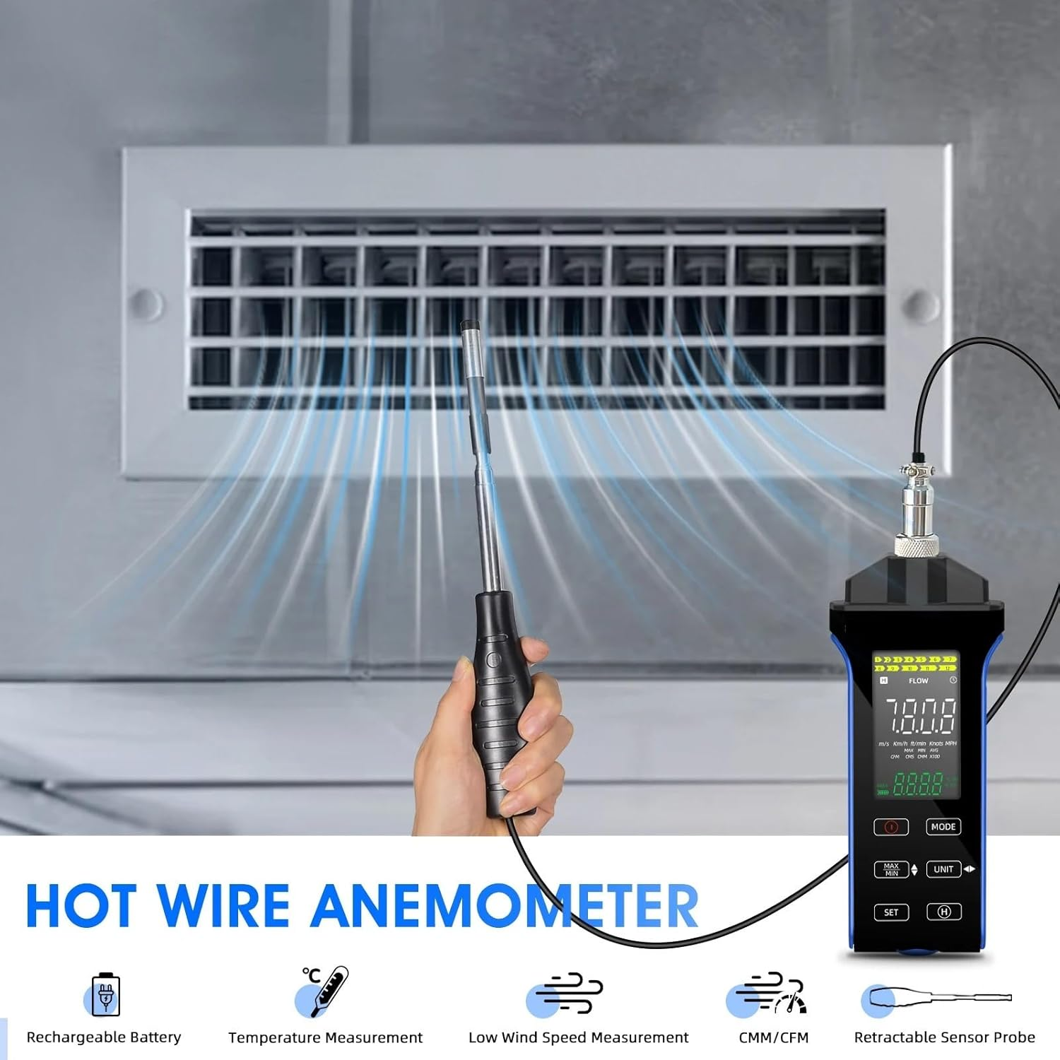 Digital Anemometer, High Precision Wind Speed Temperature Velocity Tester with Retractable Sensor Range0.1-30M/S