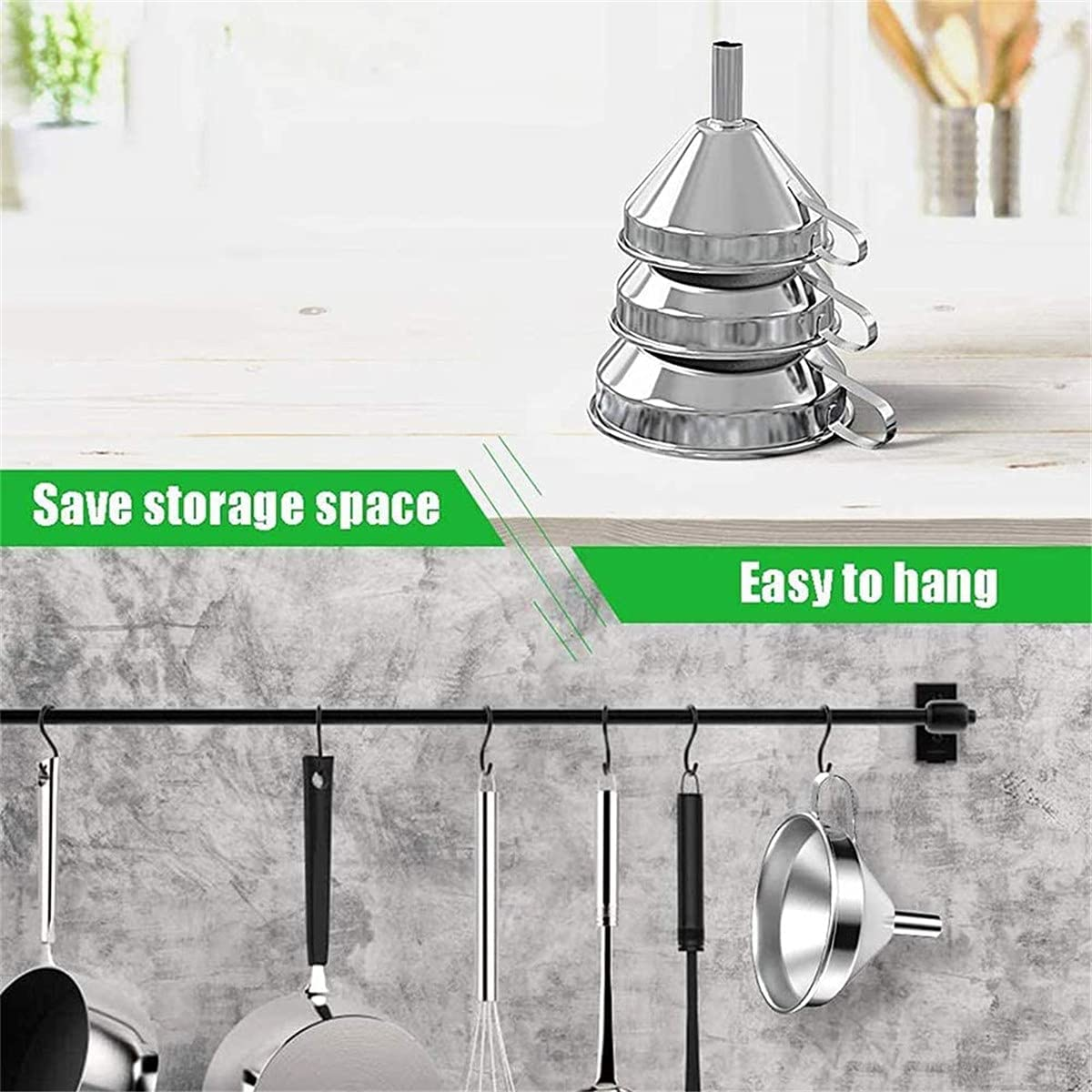Stainless Steel Strainer Funnel Set, Kitchen Strainer Funnel Filter Set with Removable Strainer for Transferring Liquid, Fluid, Cooking Oil, Jam, Powder (3 Pack) image number 1