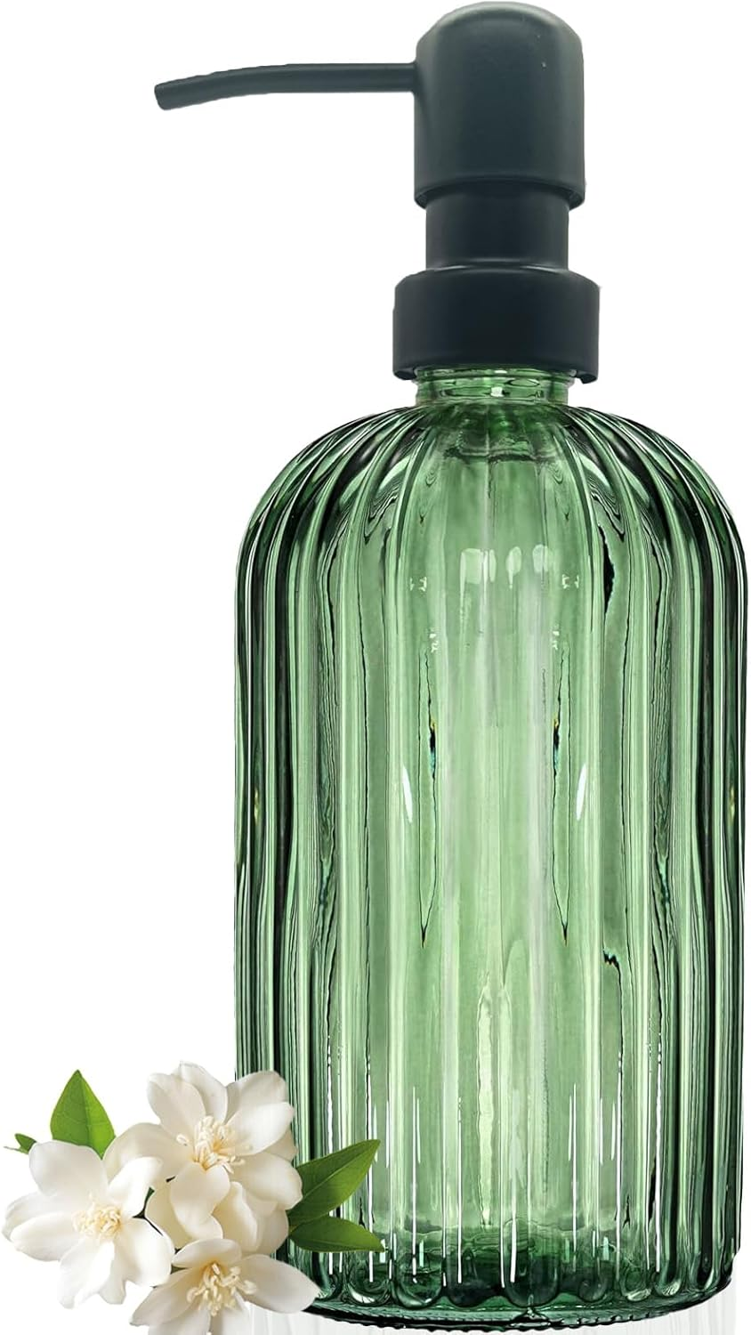 13.5Oz Green Glass Soap Dispenser Bathroom with Black Rust Proof Stainless Steel Pump, Clear Liquid Lotion Bottles Refillable Dish Dispensers with Vertical Stripe, Hand Dish Dispenser for Kitchen image number 4
