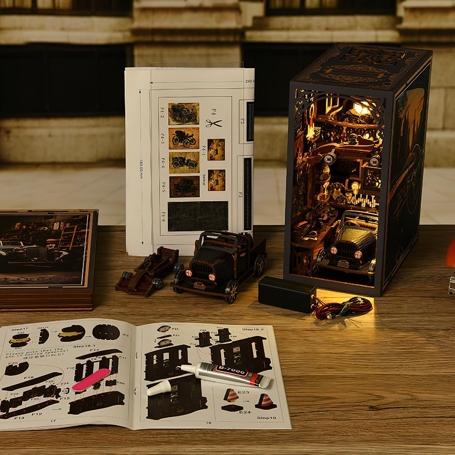 Ysityum Book Nook Kit, 3D DIY Wooden Puzzle Dollhouse Kit for Adults & Teens, Book Nook Bookshelf Insert Decoration Bookend Miniature Kit with Sensor Light Creative Craft Home Decor, Vintage Car image number 4