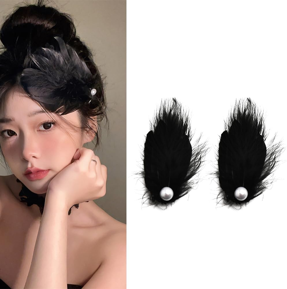 Halloween Party Hair Clips for Women Prom Feather Hair Clip Accessories for Girls Side Pearl Hair Barrette Elegant Sexy Hair Decorations Black Performance Cosplay Hair Clip Women Halloween Hair Outfit image number 5
