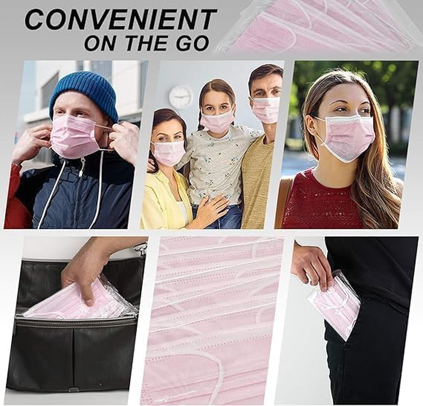 Disposable Face Masks, 3-Ply, Pink Colour, 50-Pack, Individually Sealed image number 2