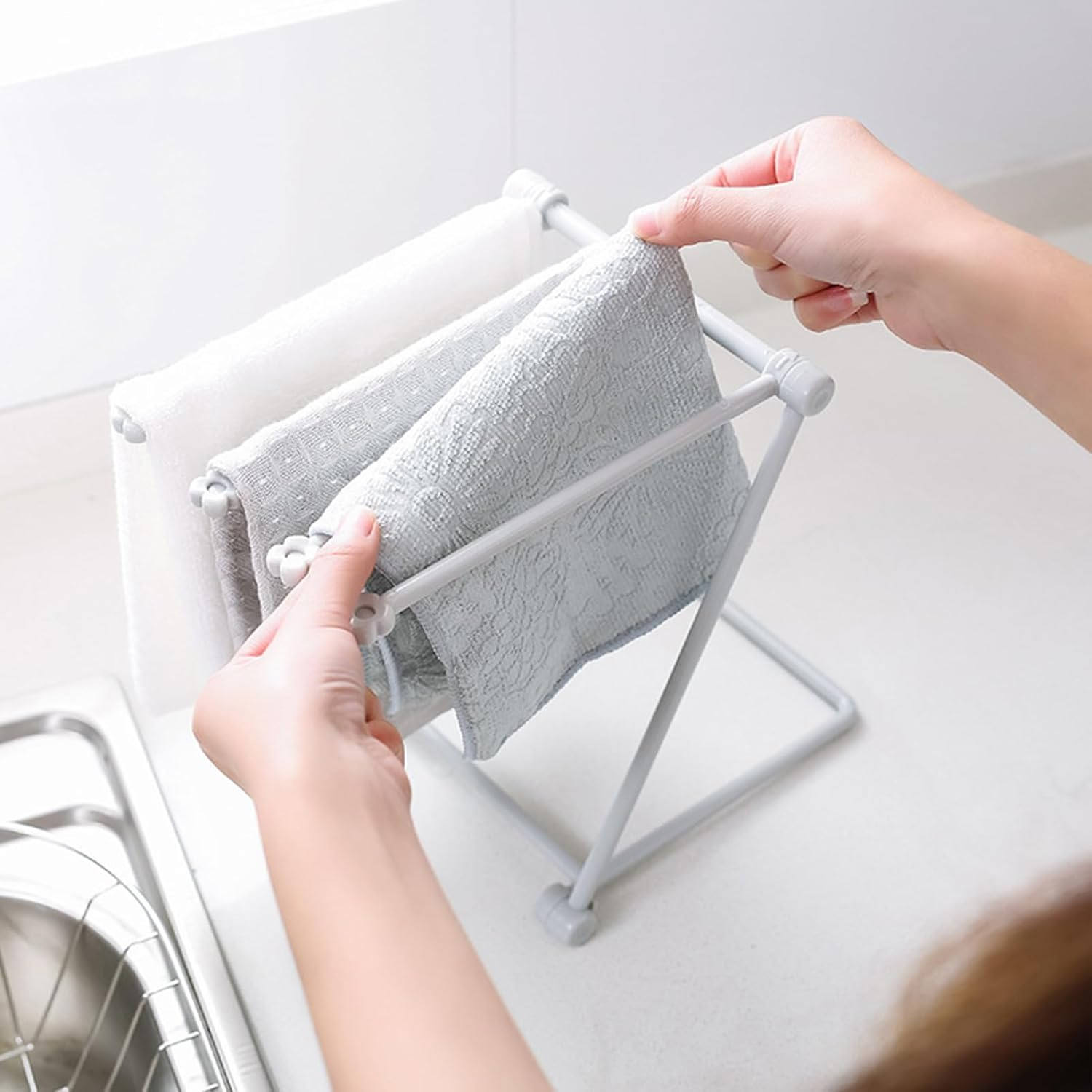 Countertop Dishcloth Drying Rack Foldable Kitchen Rag Holder, Towel Bar, Desktop Hand Towel Stand for Kitchen, Bathroom (Blue)