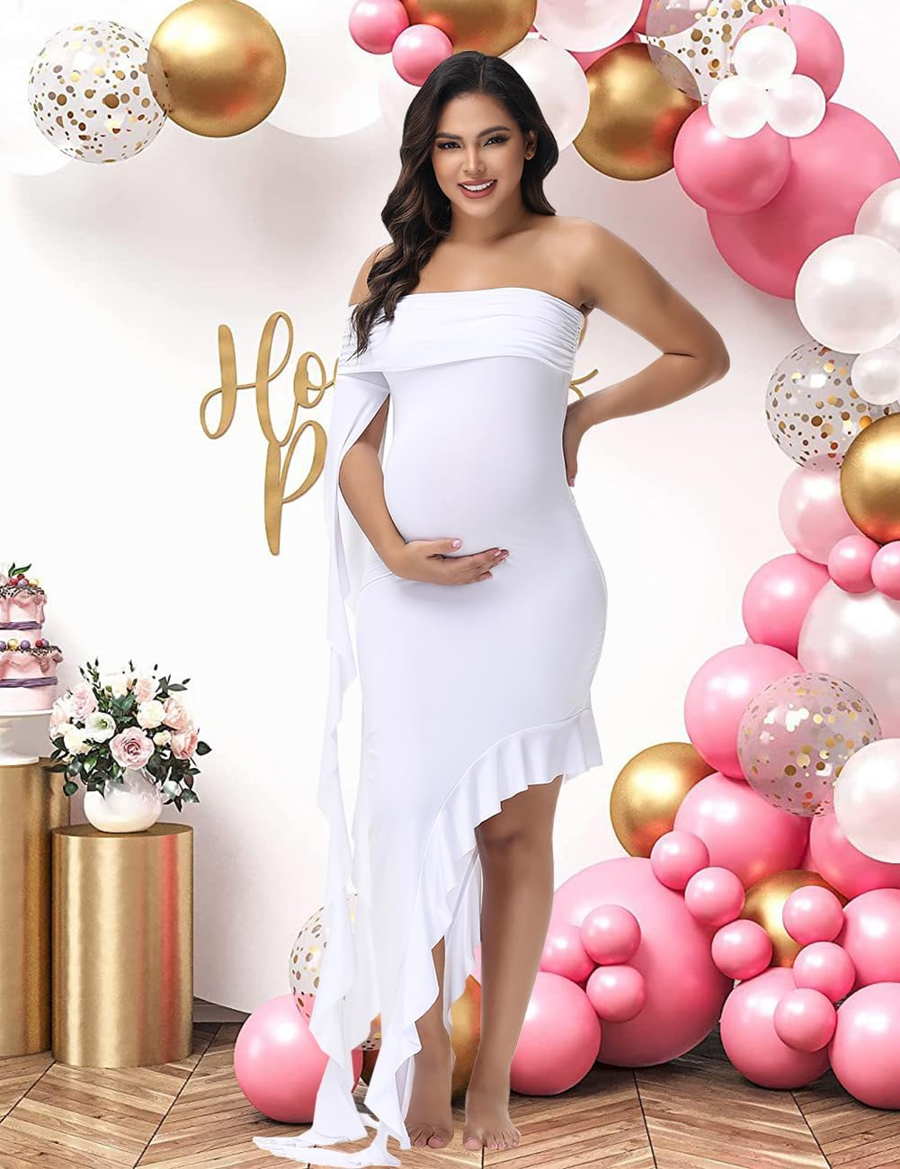 Justvh Maternity off Shoulder Ruffle Sleeves Irregular Hem Pregnancy Photography Dress for Baby Shower Photoshoot image number 1