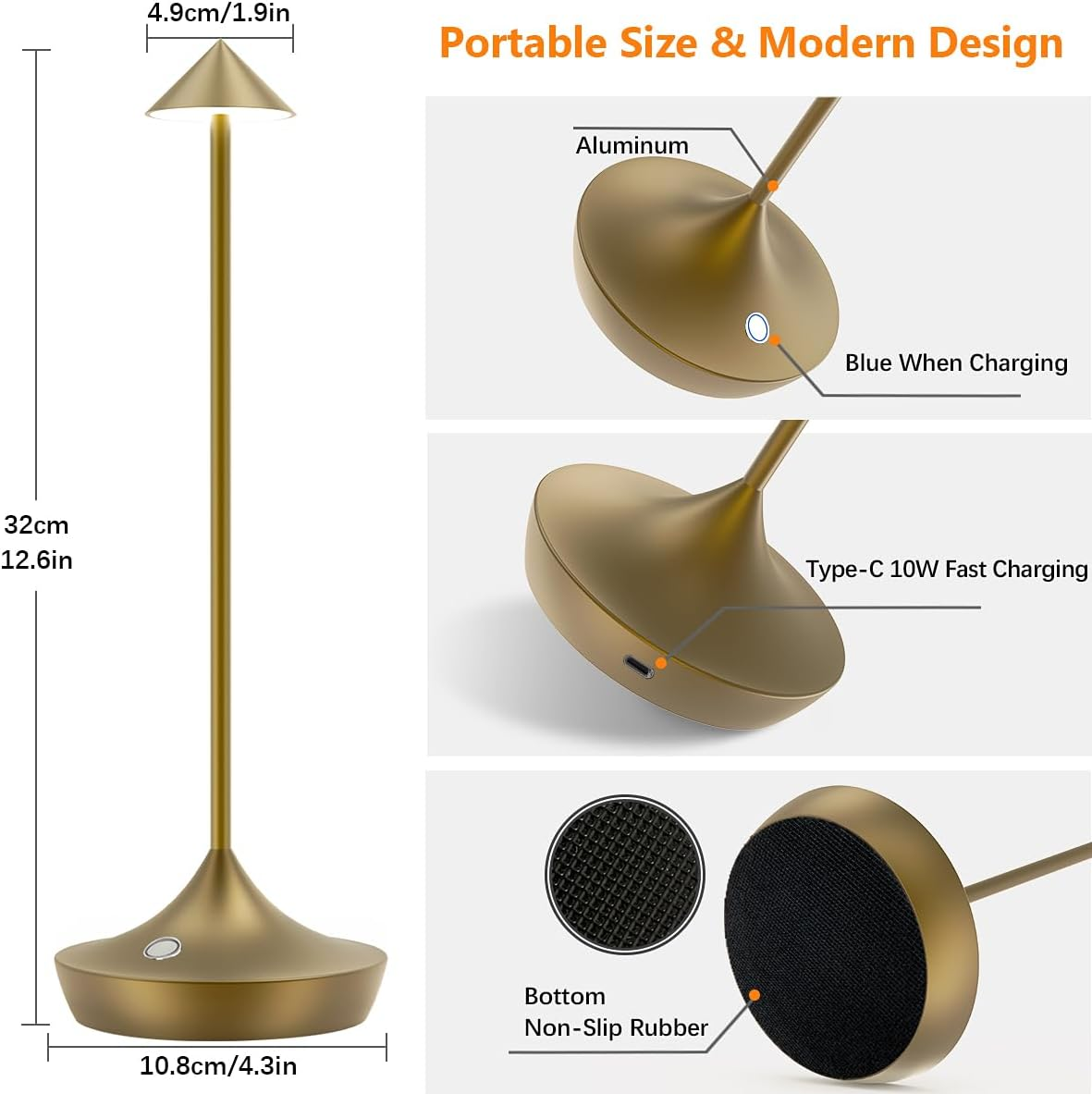 Bravzurg LED Battery Table Lamp Wireless Set of 2, Modern Dimmable Wireless Table Lamp 6000 Mah, Aluminium, Waterproof, Table Lamps Rechargeable for Outdoor Indoor Restaurant Bedside Table Patio - Bronze image number 2