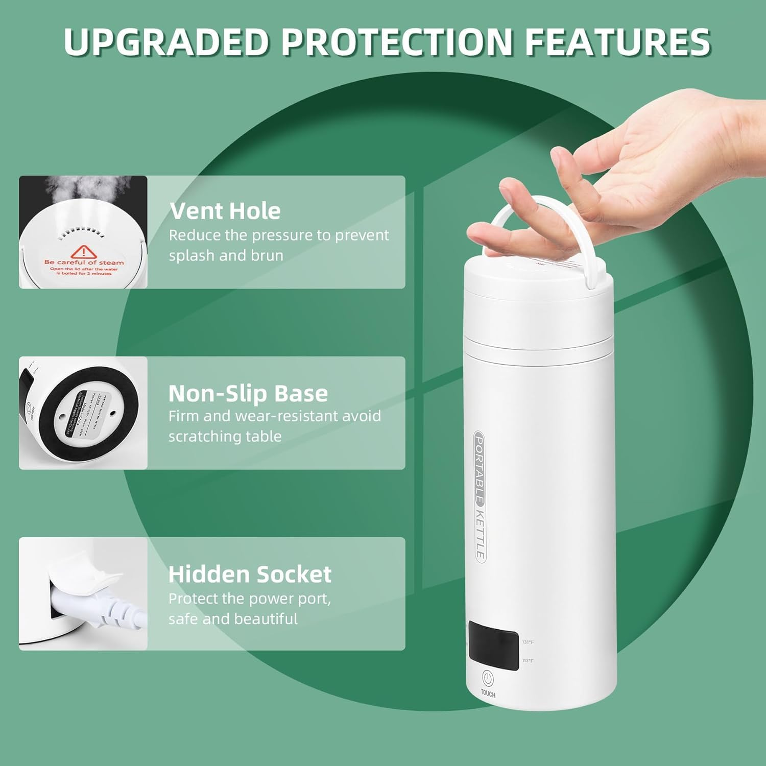 Mini Travel Electric Kettle 450ML, 4 Temperature Settings, Double Wall 316 Stainless Steel, Portable Hot Water Boiler for Hotel/Office, with Storage Bag and Cleaning Brush