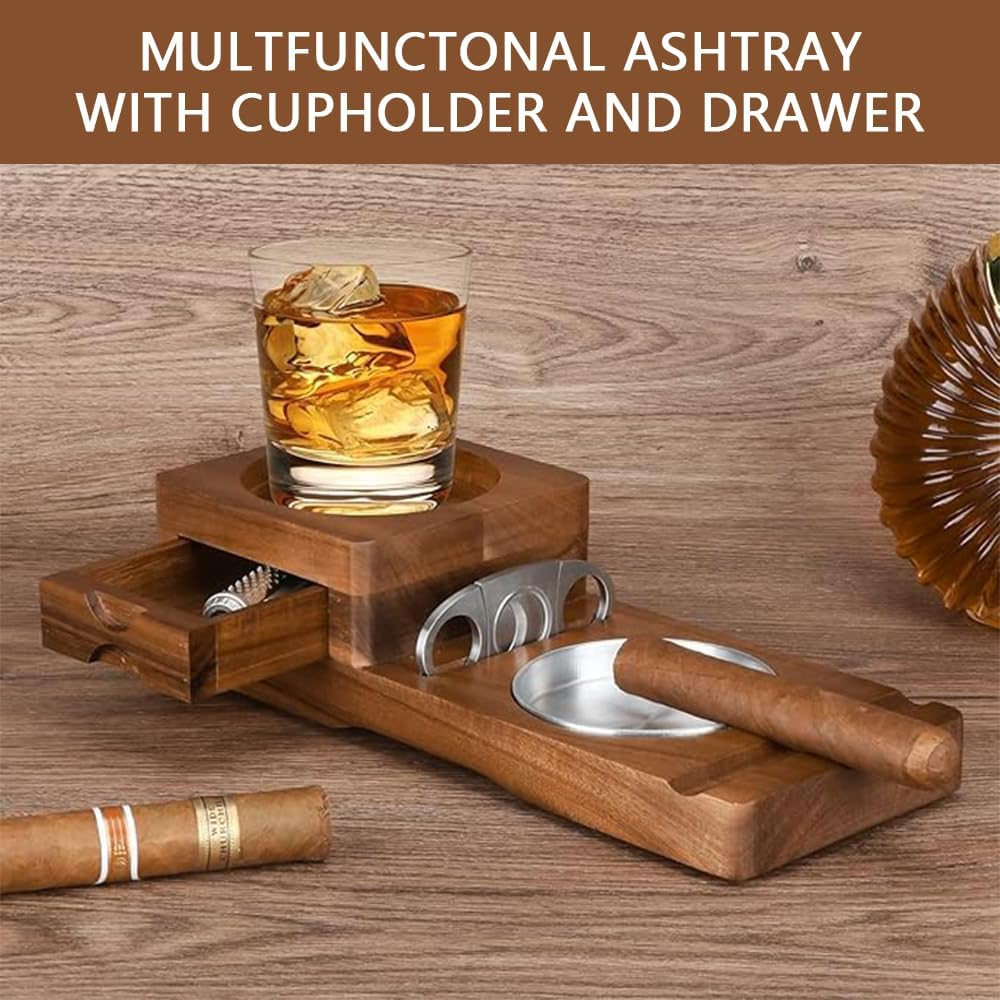Cigar Ashtray Set with Whiskey Glass Holder &ndash; Wooden Ashtray with Steel Channel, Removable Drawer & Cigar Cutter, Classic Wood & Aluminum Cigar Accessories for Home & Office image number 2