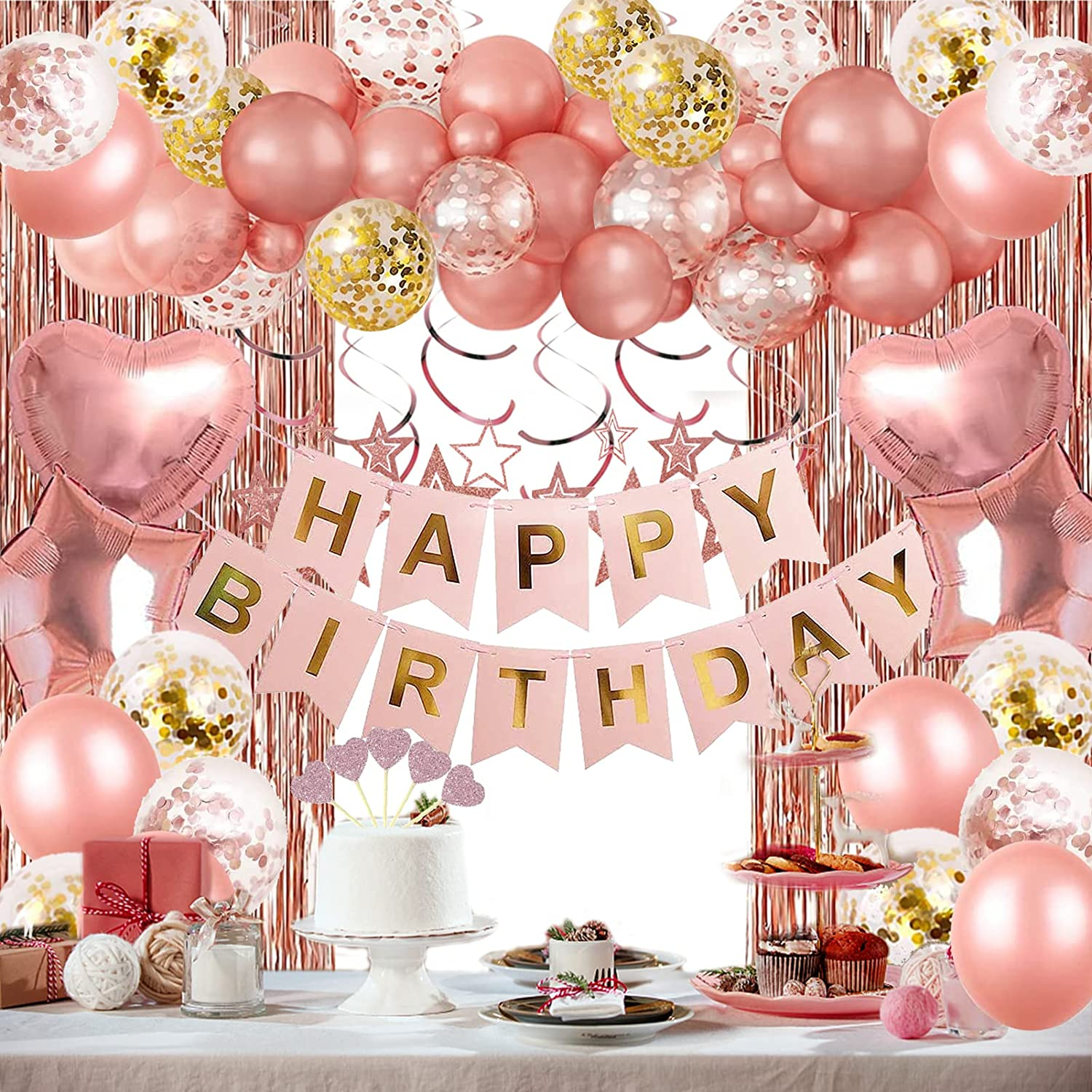 Birthday Decorations Rose Gold Party Supplies Happy Birthday Banner Rose Gold Balloons Foil Curtains Hanging Swirls Cupcake Toppers for Girls Women Princess Party