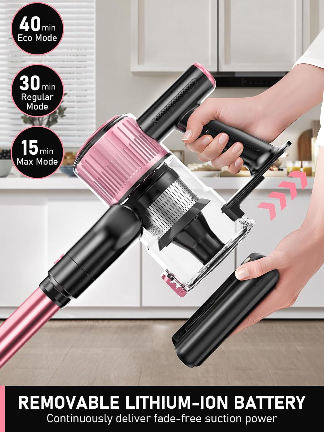 Cordless Vacuum Cleaner, 8 in 1 Powerful Suction Lightweight Vacuum Cleaner for Home, LED Display, 3 Suction Modes, 40Mins Detachable Battery Vacuum for Hard Floor Carpet Pet Hair, Pink image number 1