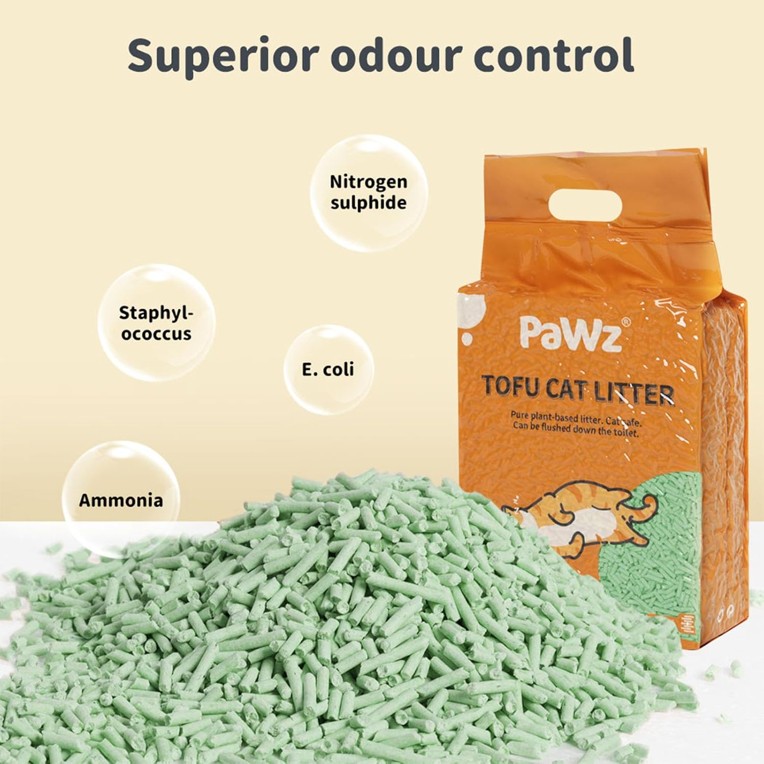 Pawz Tofu Cat Litter Clumping, Flushable, Ultra Absorbent and Fast Drying, Solubility in Water, Long Lasting Odor Control Kitty Litter Dust-Free 100% Natural Green Tea (2.5Kg/Bag) image number 1