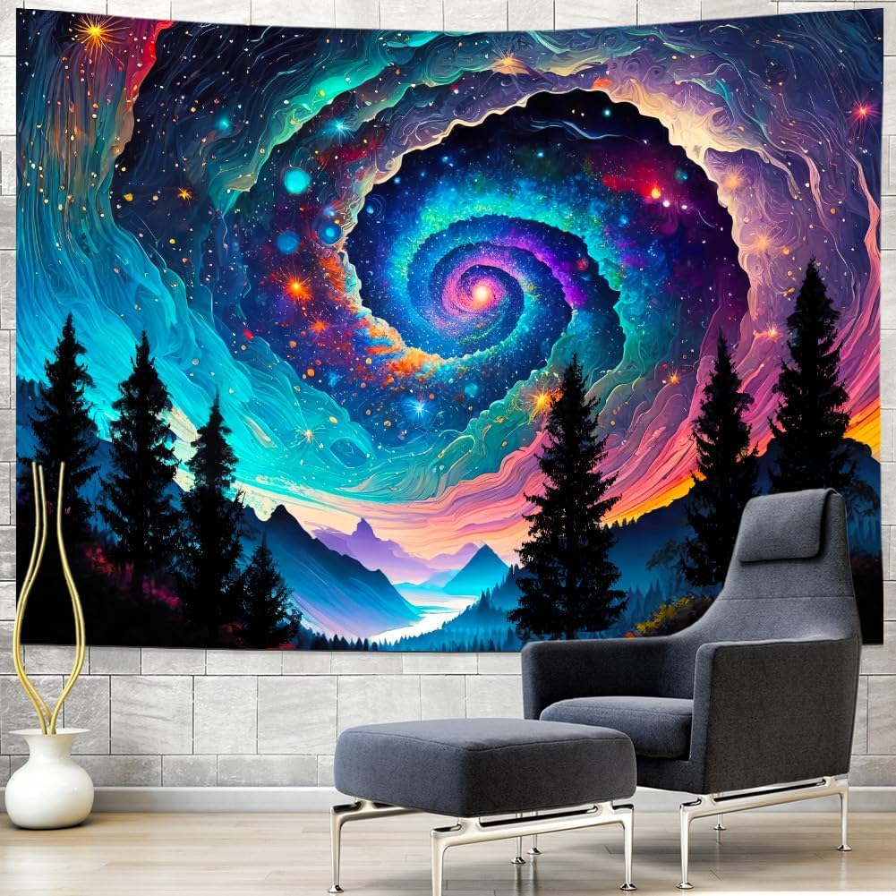 Galaxy Space Tapestry Colorful Starry Sky Tapestry Trippy Mountain Tapestries Misty Forest Tapestries Fantasy Landscape Wall Hanging Decor for Home image number 3