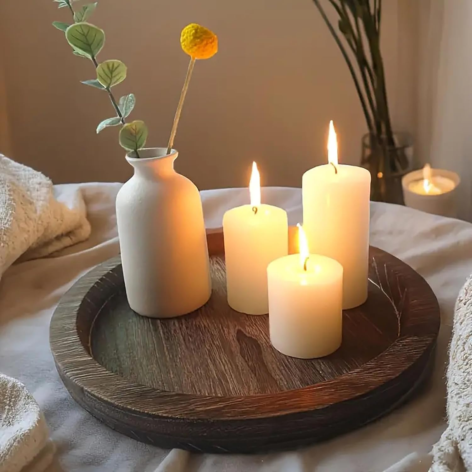 Aofly 11.8" round Wooden Tray Decoration, Candle Tray & Key Tray & Perfume Tray & Trinket Tray, Home Decor & Bathroom Decor & Kitchen Decor, Portable Home Decorative Accessories(Brown) image number 3