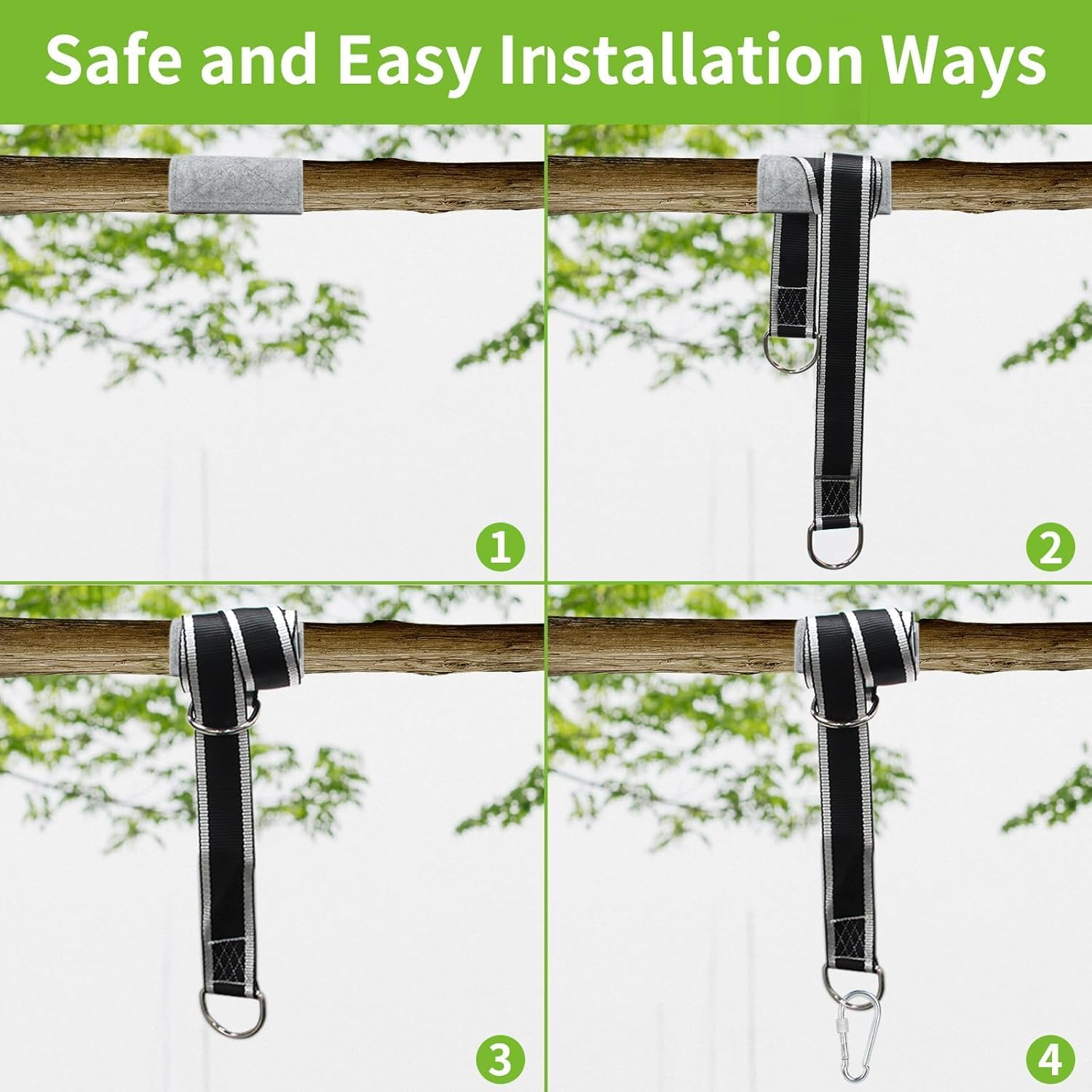 Tree Swing Hanging Strap Kit, Tree Swing Sling 2200 Lbs 5Ft Extra Long with Safer Lock Snap Hook for Hammocks, Easy Fast Installation Swing Hanging Set Perfect for Tree Swing & Hammocks (Black-White) image number 4