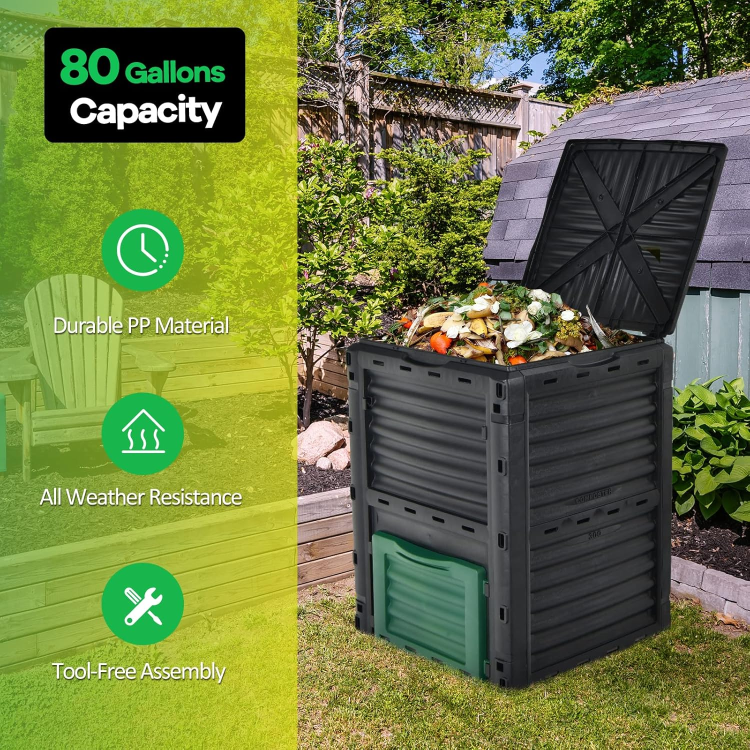 Costway Outdoor Compost Bin 300L for Kitchen Waste & Garden Scraps, Fast Creation of Fertile Soil Aerating Box W/Top Flip Door & Latch-On Lid, Bpa-Free & All-Season Garden Composter (Black + Green) image number 4