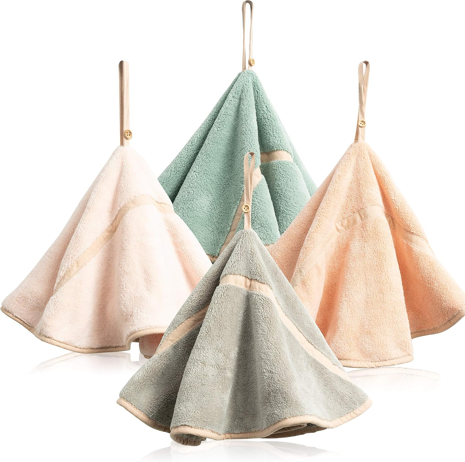 R Horse 4Pcs Hanging Hand Towels with Hanging Loop Absorbent Coral Fleece Bathroom Hand Towels Soft Thick Dish Cloth Hand Dry Towels round Hand Towels for Kitchen Bathroom Hanging (4 Colors) image number 4