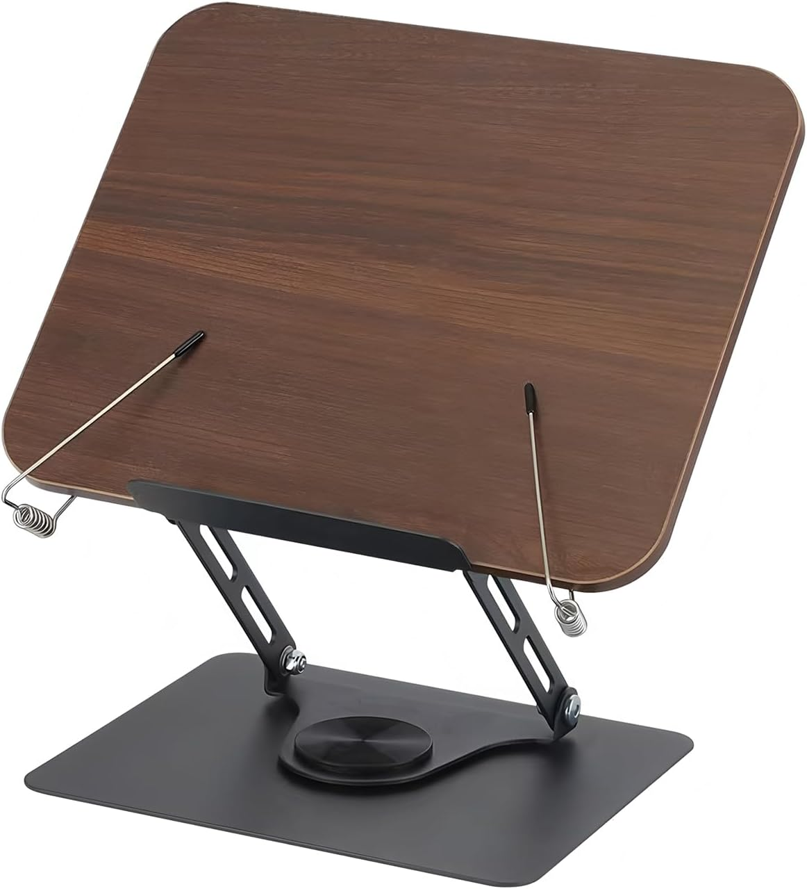 Book Stand for Reading, Adjustable Book Holder with 360&deg; Rotating Base, Foldable Cookbook Stand Recipe Book Holder with Elastic Page Clips for Music Scores, Recipe, Magazines, Tablet, Laptops (Silver)