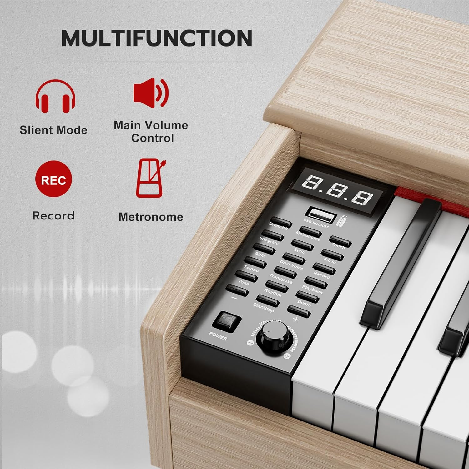 UMOMO 88 Key Weighted Digital Piano, 88 Key Electric Piano for Beginner/Adults with Music Stand, Power Adapter, 3 Pedal, Headphone Jack, Beige image number 5